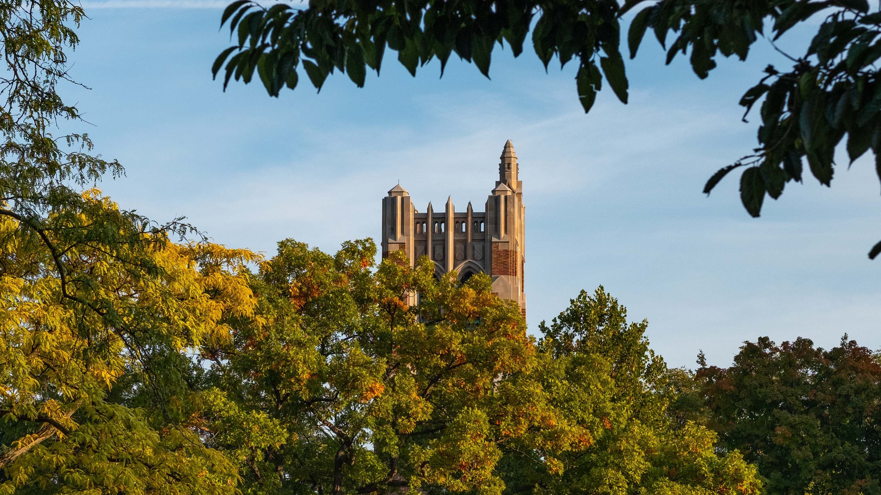Beaumont Tower framed by Autumn leaves