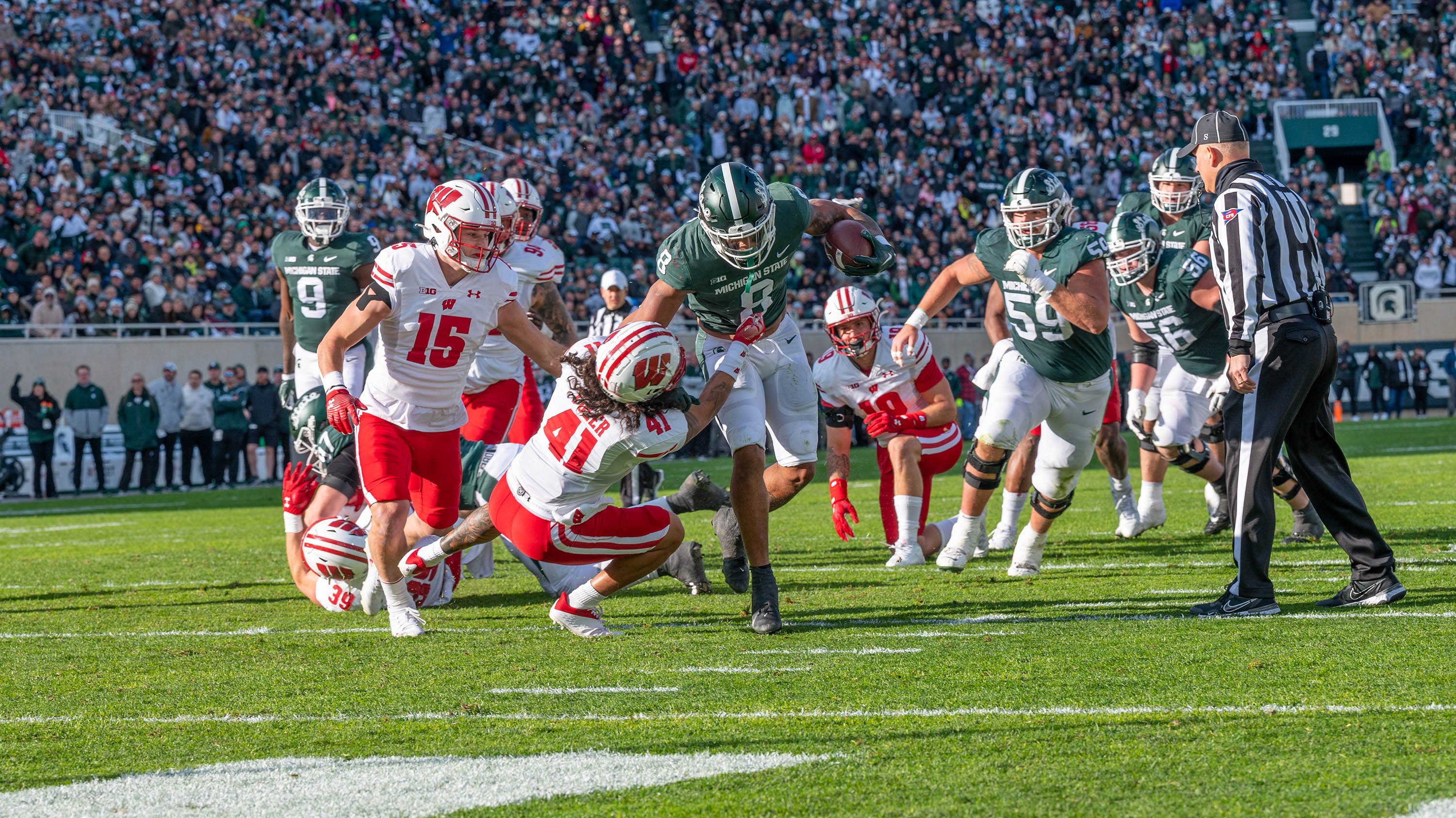 Jalen Berger, MSU Sophmore Running Back scores a touchdown against Wisconsin at Spartan Stadium
