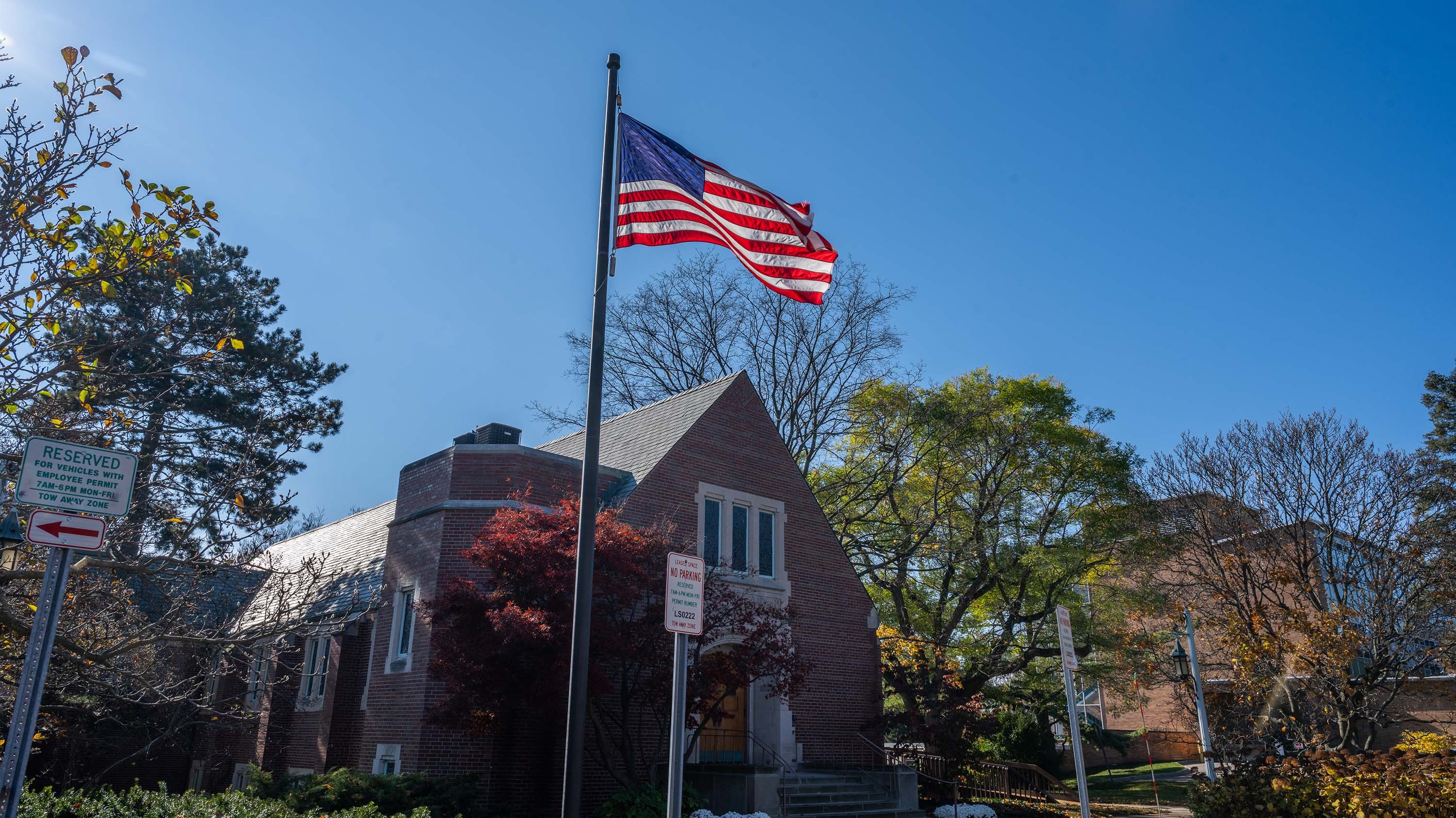Flag in front of Alumni Chapel