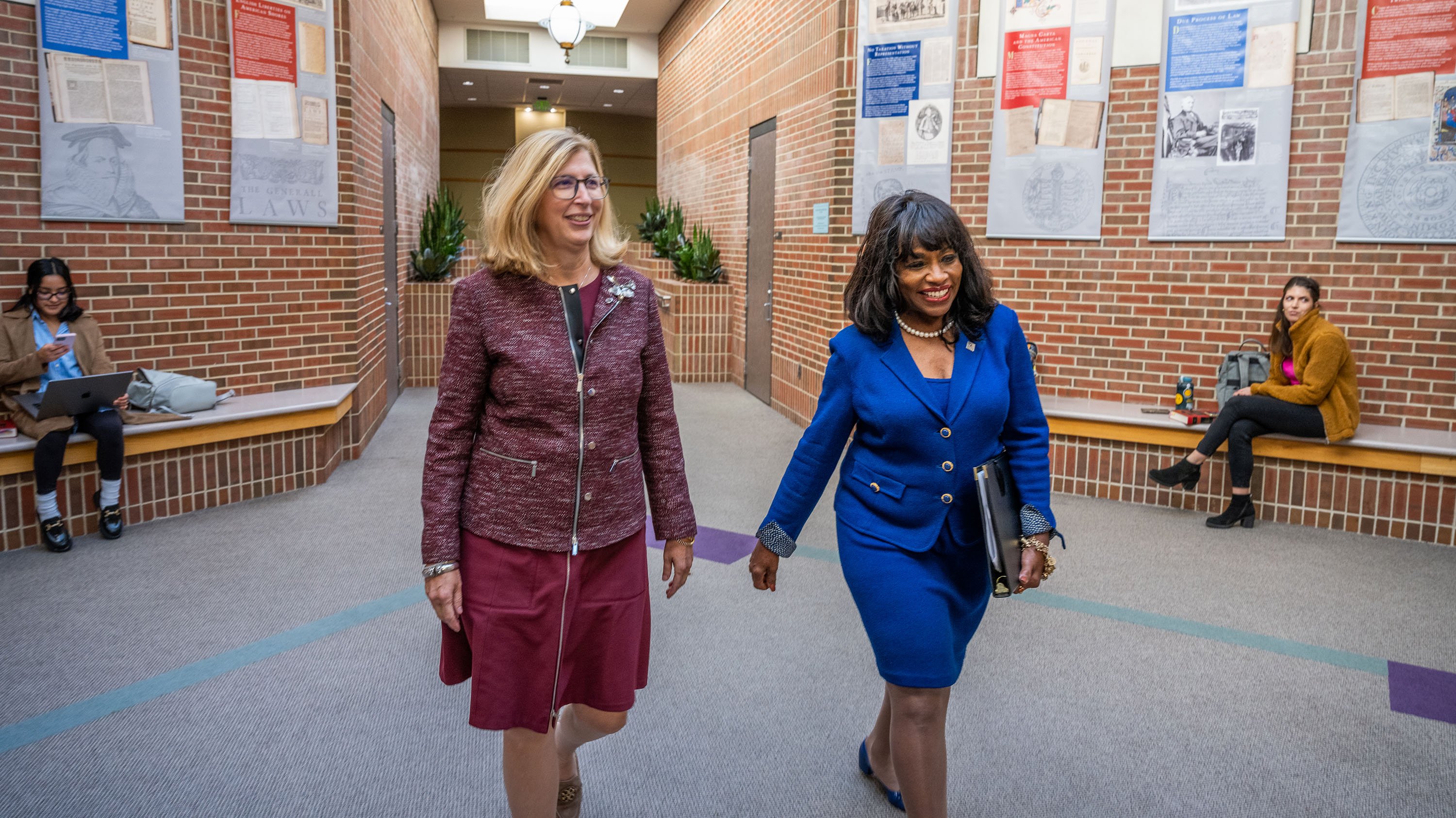 MSU College of Law Dean Linda Greene gives interim president Woodruff a tour of the Law College