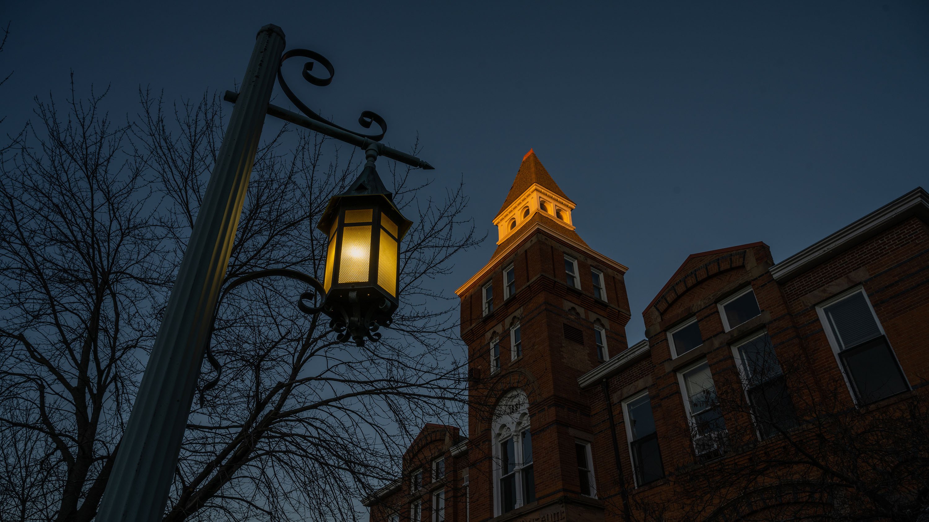 MSU lantern and Linton Hall at sunset