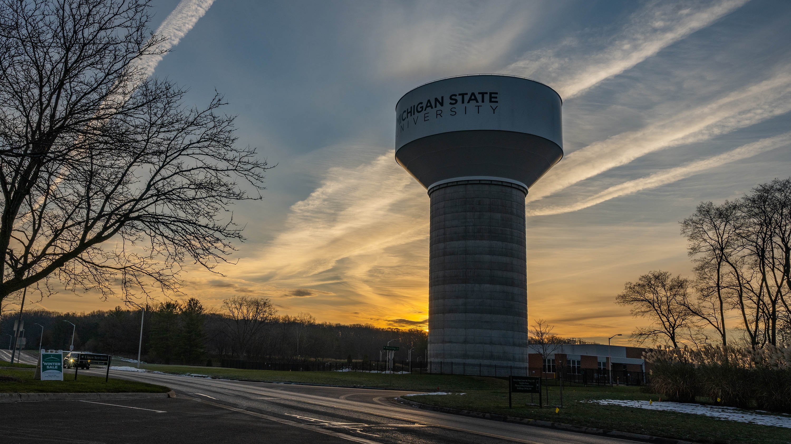 MSU water tower at sunrise