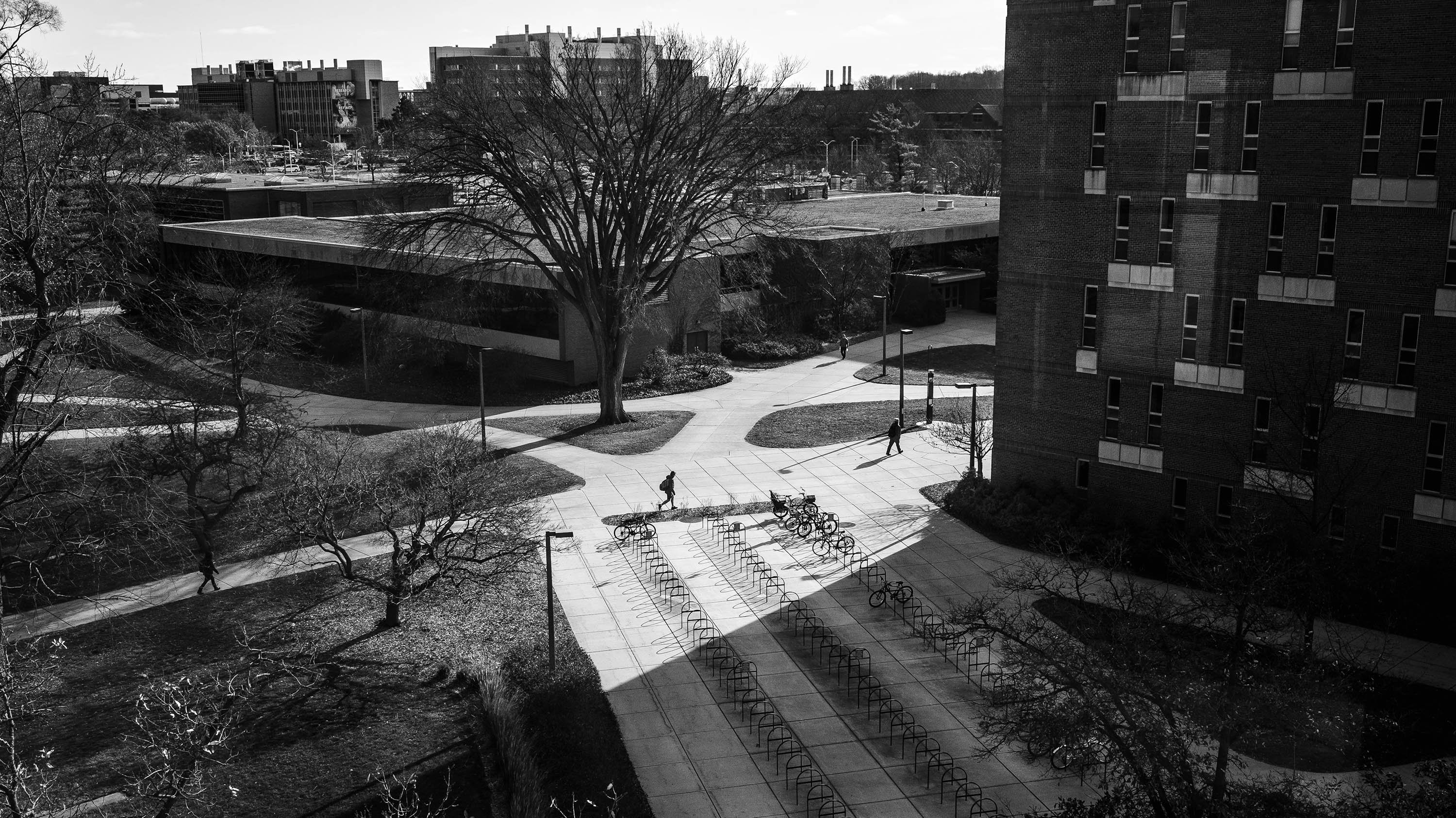 Black and white photo of students walking near Wells Hall