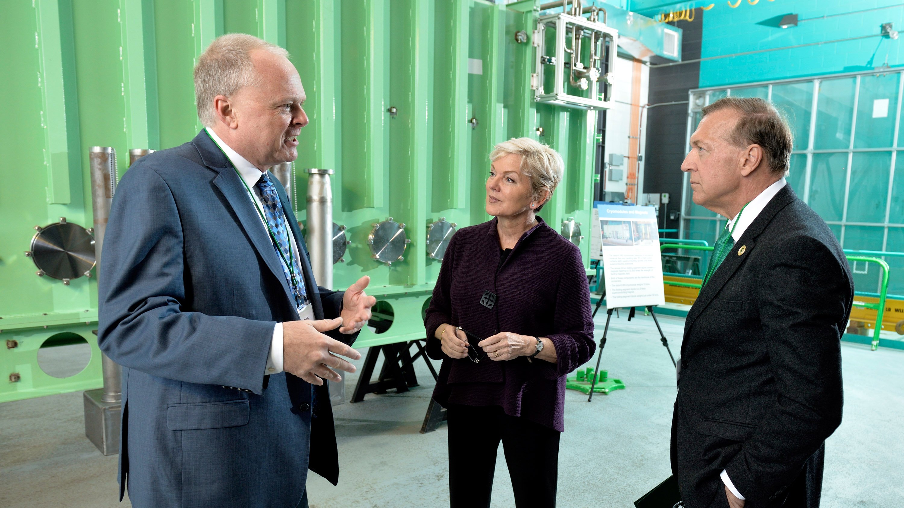 U.S. Secretary of Energy Jennifer M. Granholm (center) tours the FRIB Laboratory prior to FRIB?s ribbon-cutting ceremony, with MSU President Samuel L. Stanley Jr., M.D. (right) and FRIB Laboratory Director Thomas Glasmacher FRIB Laboratory Director.