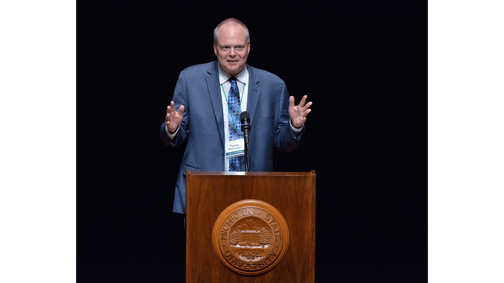 FRIB Laboratory Director Thomas Glasmacher speaks at FRIB?s ribbon-cutting ceremony on 2 May.