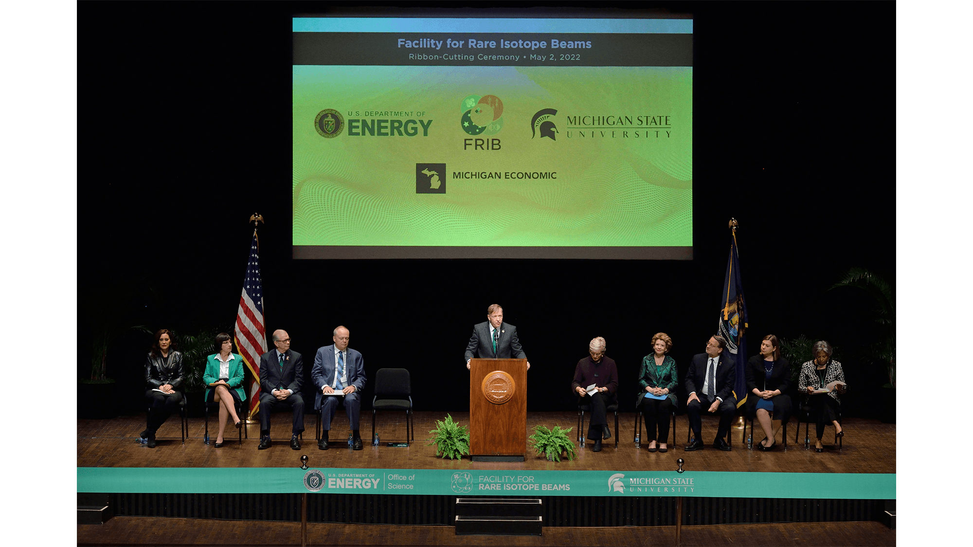 MSU President Samuel L. Stanley Jr., M.D. speaks at FRIB?s ribbon-cutting ceremony on 2 May.