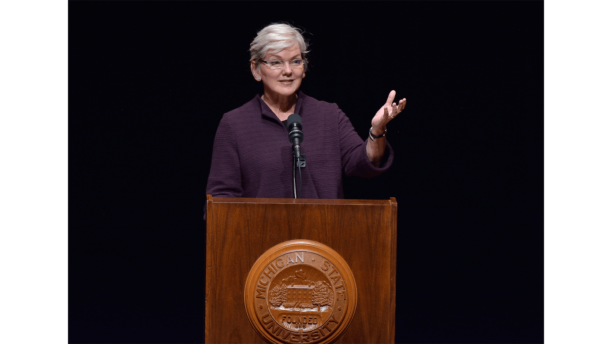U.S. Secretary of Energy Jennifer M. Granholm speaks at FRIB?s ribbon-cutting ceremony on 2 May.