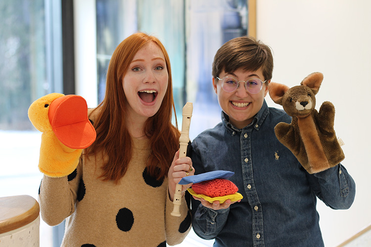 Seniors Maria Schoon, left, and Lizabeth Desmet took top prize in the College’s 2022 Running Start Competition with their Mobile Music Making program.