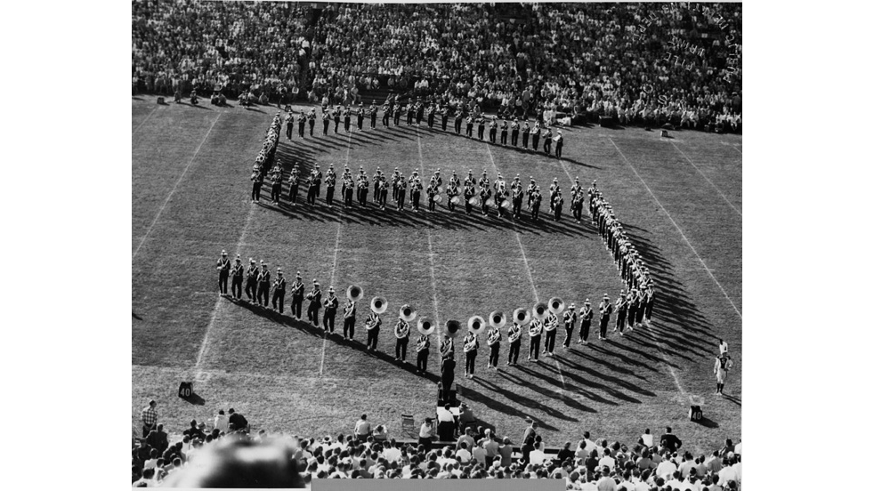Vintage photograph of Spartan Marching band S formation