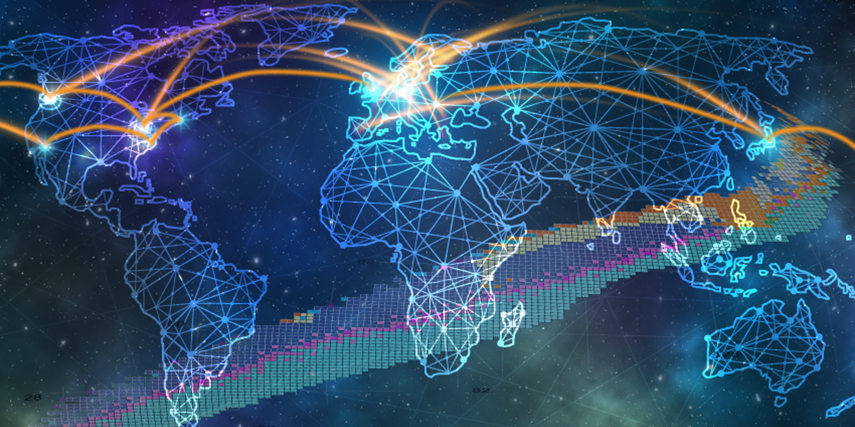 A map of the world is shown as a blue wireframe over a background that includes stars and a chart of nuclides.