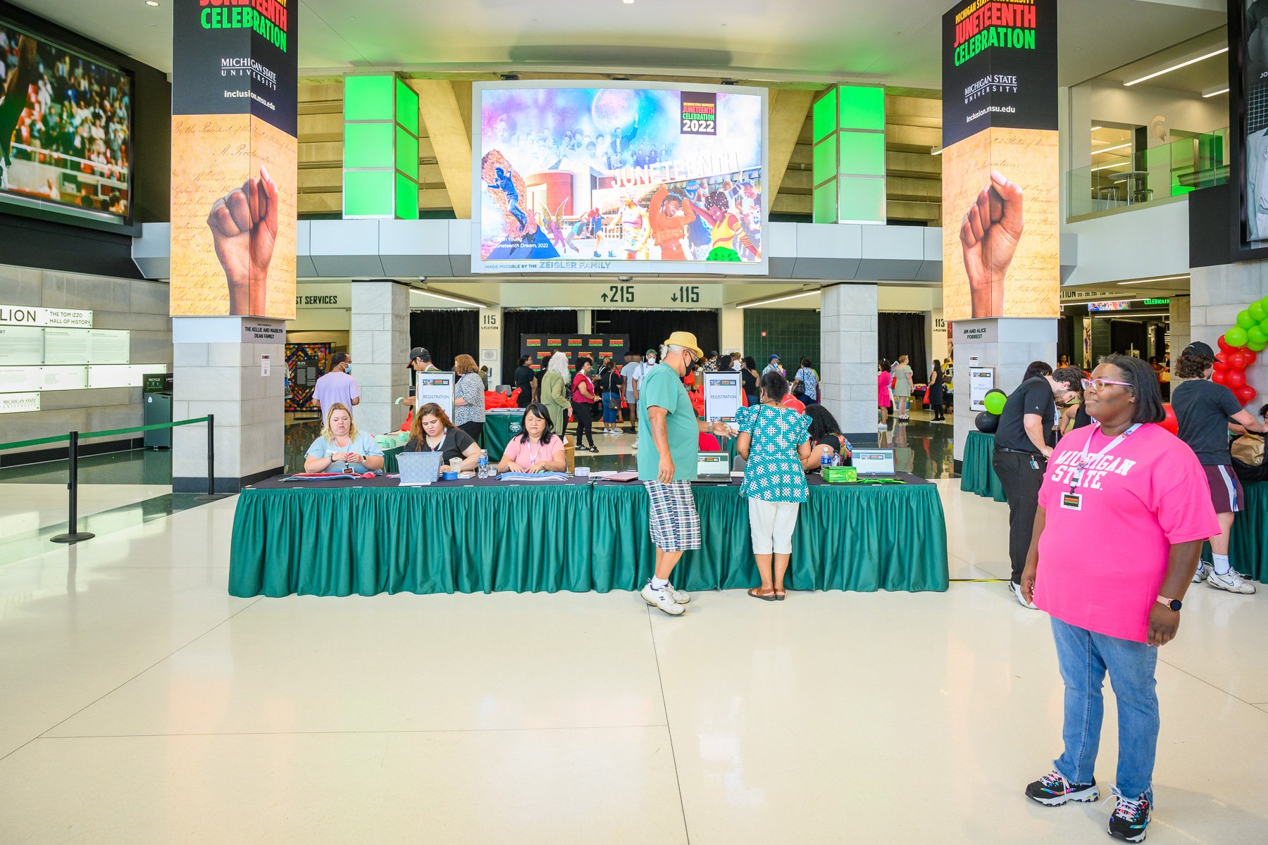 Breslin Bowl entry to the MSU Juneteenth Celebration featuring the primary artwork 'Juneteenth Dream' on the screen.