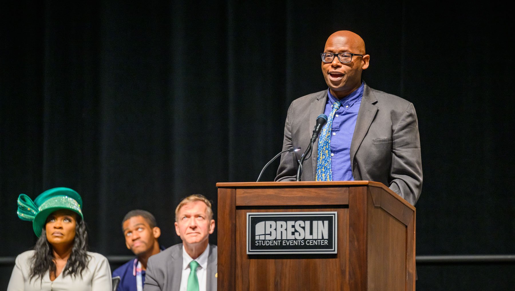 Professor of English Dr. Julian Chambliss gives the keynote address 'Not Only Darkness: The Legacy and Future of Black Speculative Practice' at the MSU Juneteenth Celebration. 