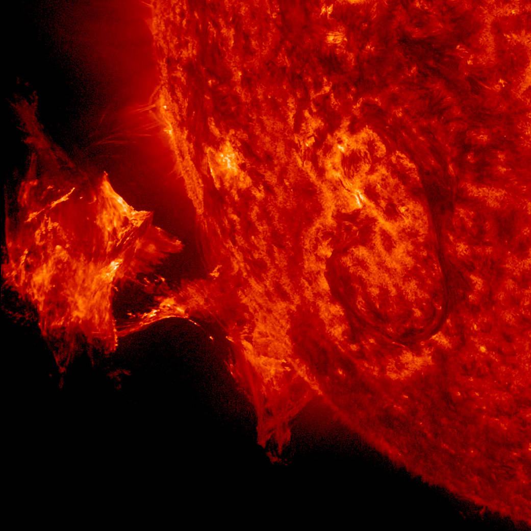Red and orange plumes erupt from the surface of the sun against a black background.