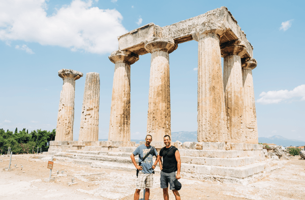 Jon Frey (left) and Daniel Trego (right) at the Archaic Temple at Ancient Corinth.