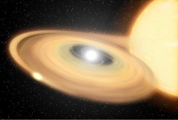An illustration of a classical nova shows a bright white dwarf star near the center accumulating fuel in an orange disc from its neighboring main sequence star (shown in bright orange).