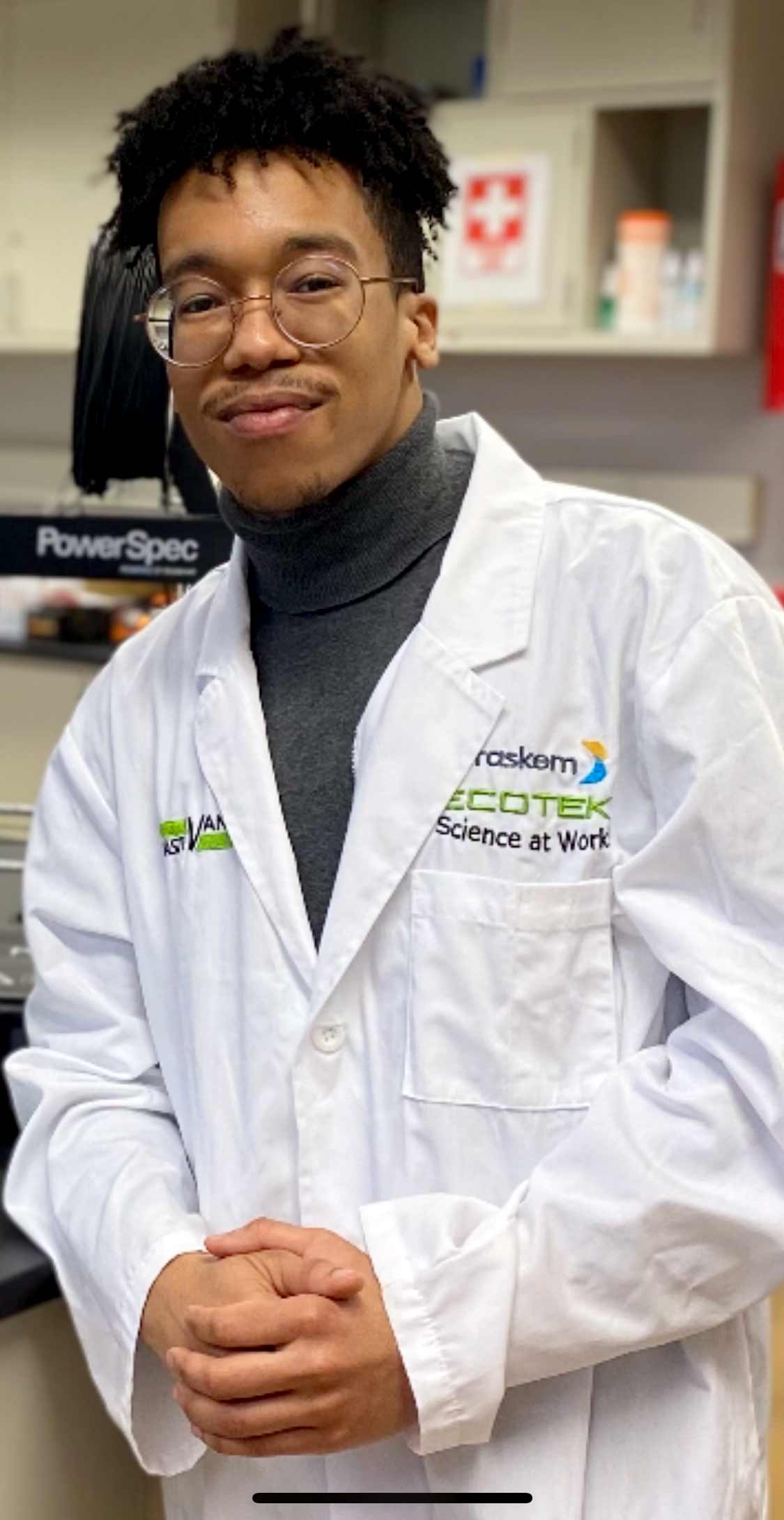 Evan Morton wearing a lab coat