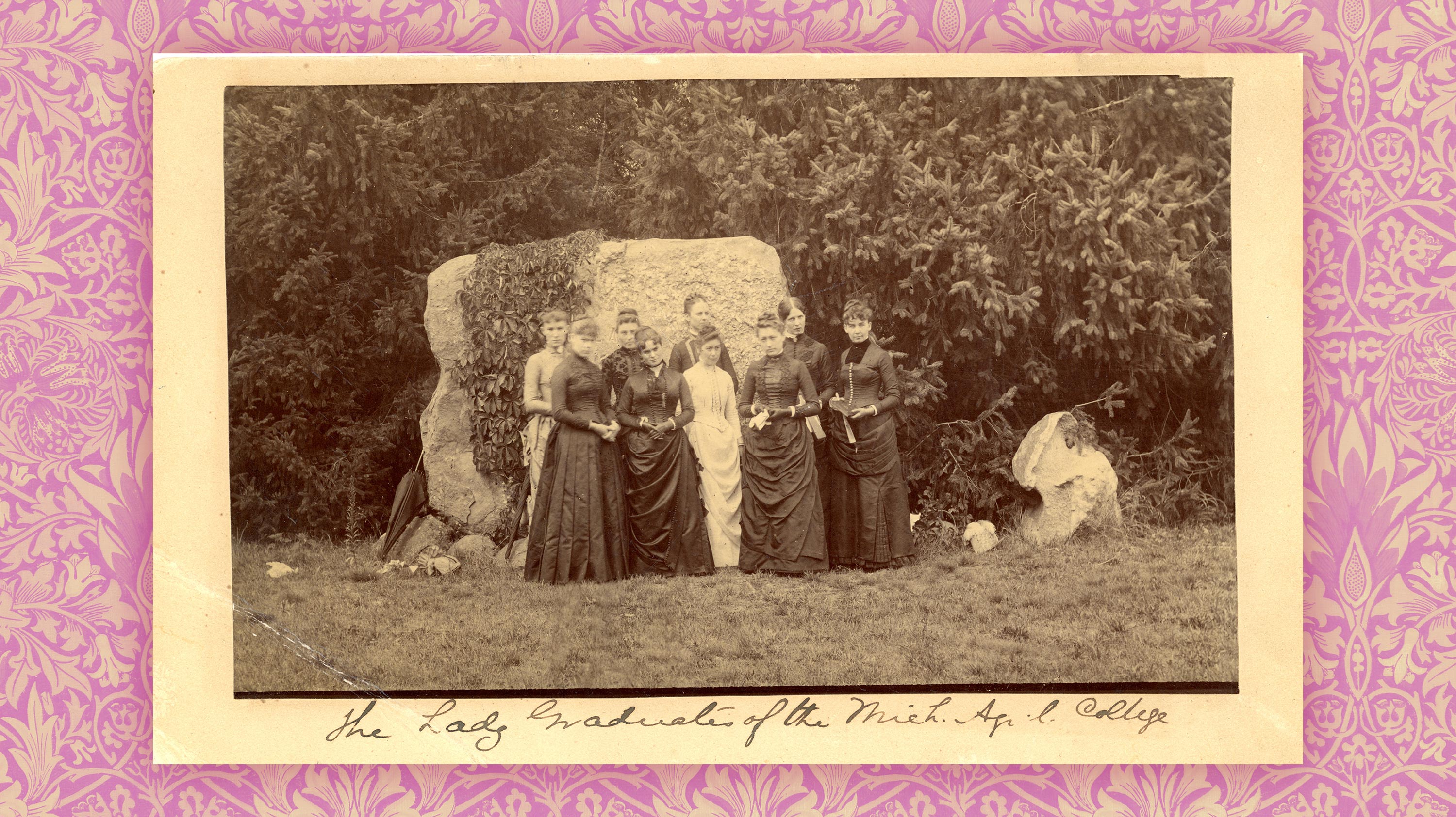 Images overlaid on a pink wallpaper-patterned background; Eva Coryell and first MSU female graduates standing in front of the MSU Rock