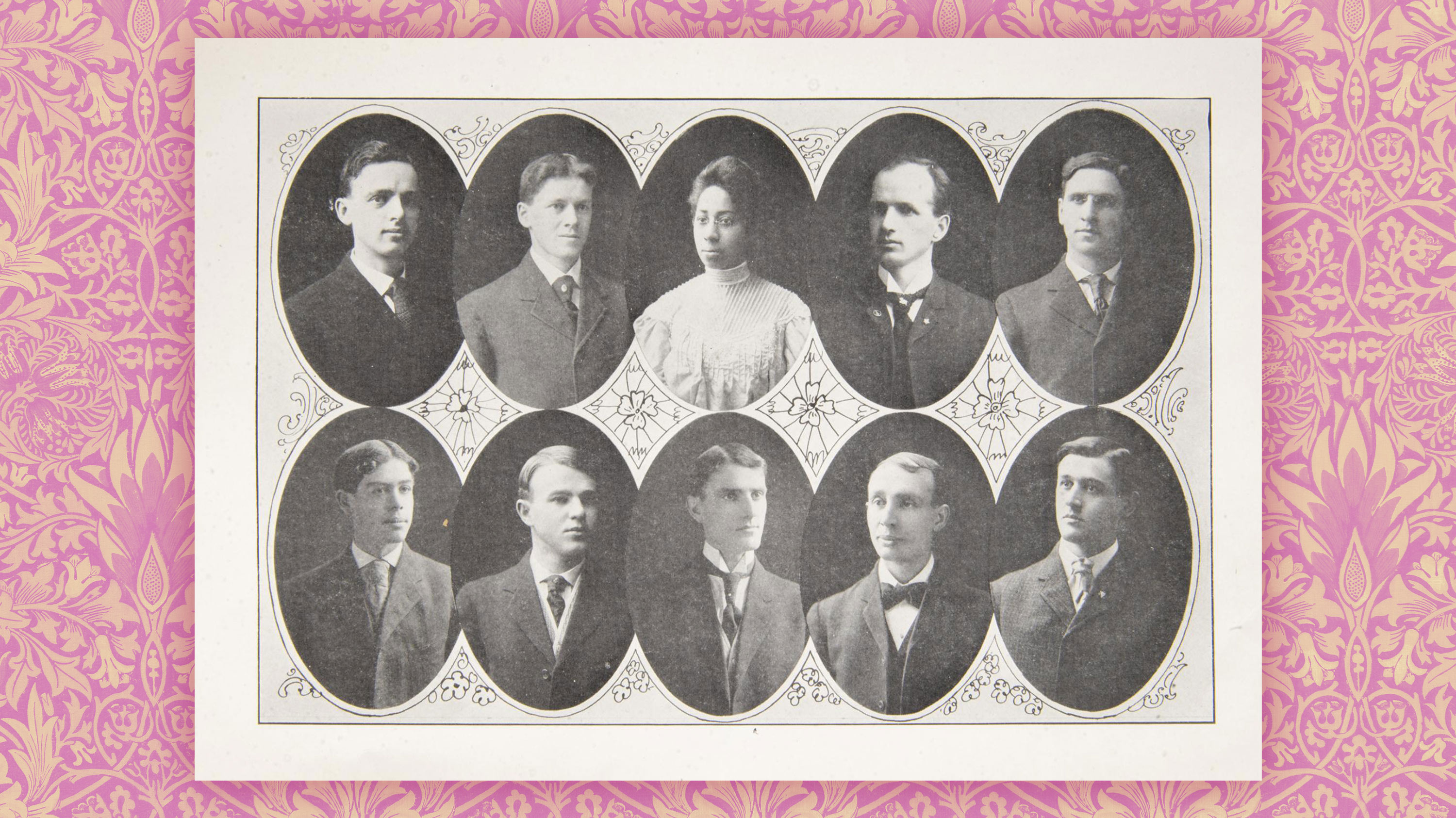 Images overlaid on a pink wallpaper-patterned background; Portraits of students at MSU including Myrtle Craig Mowbray