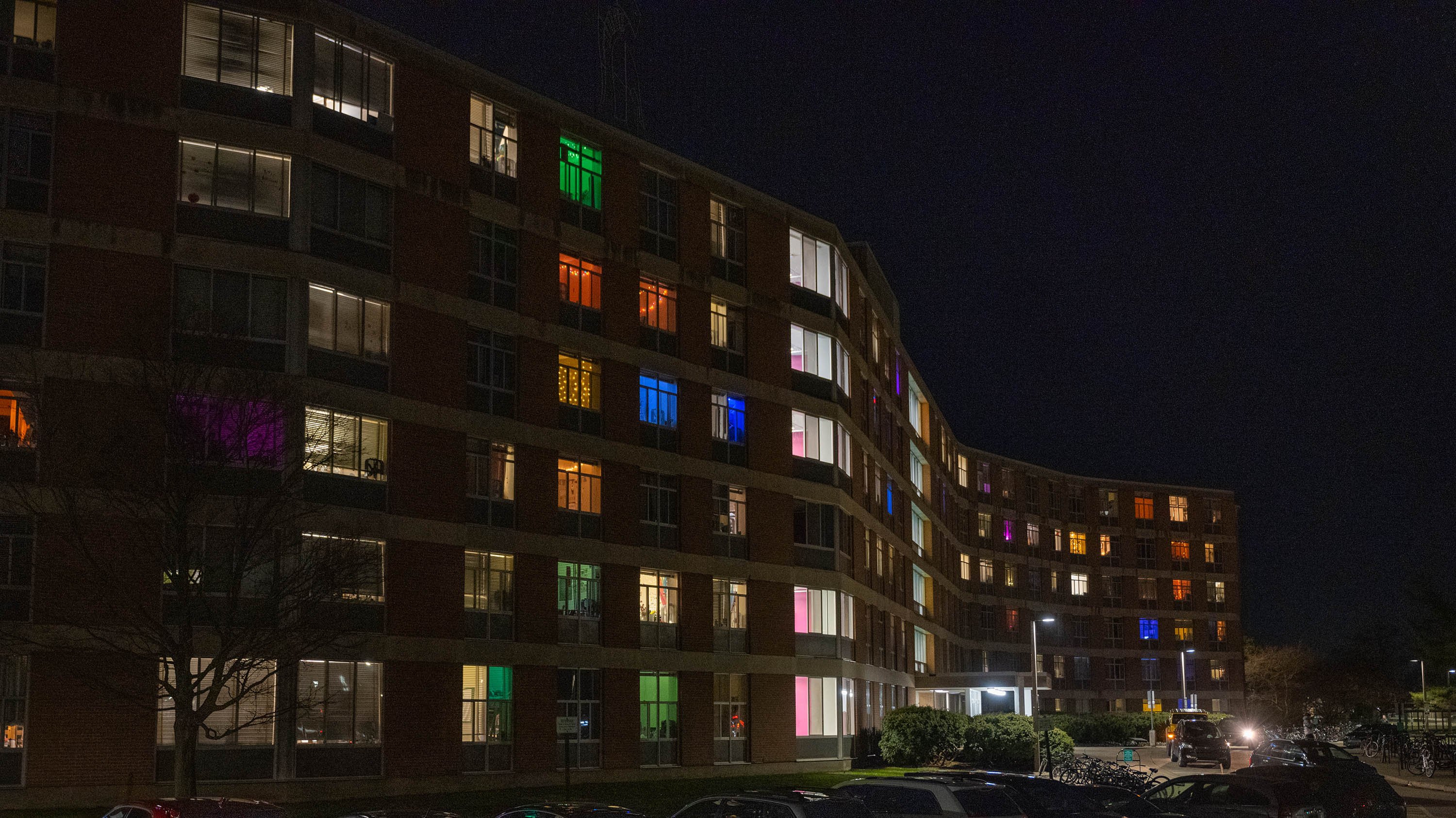 Colored LEDs in Akers Hall windows