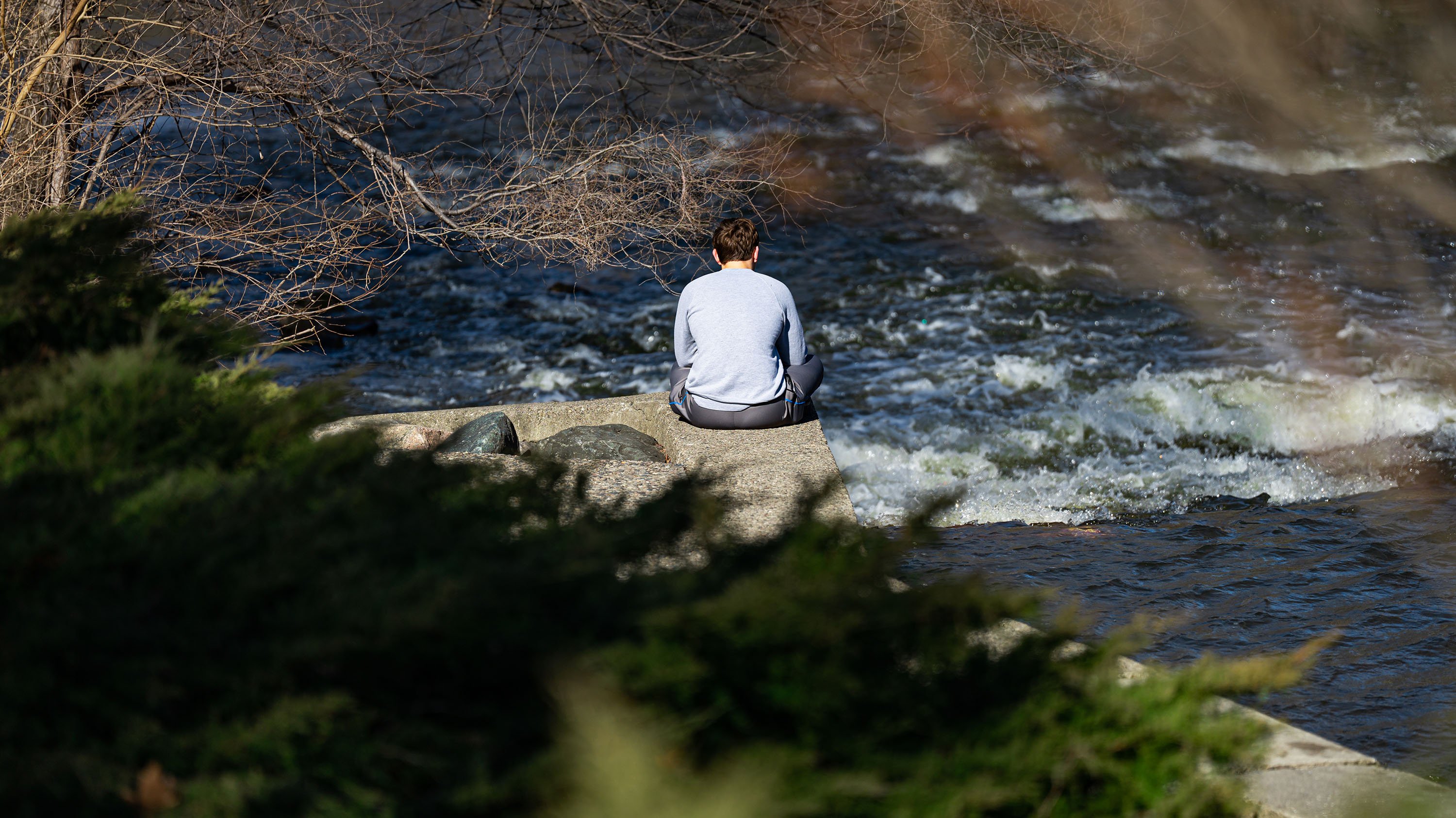 A student sits contemplatively along the Red Cedar River.