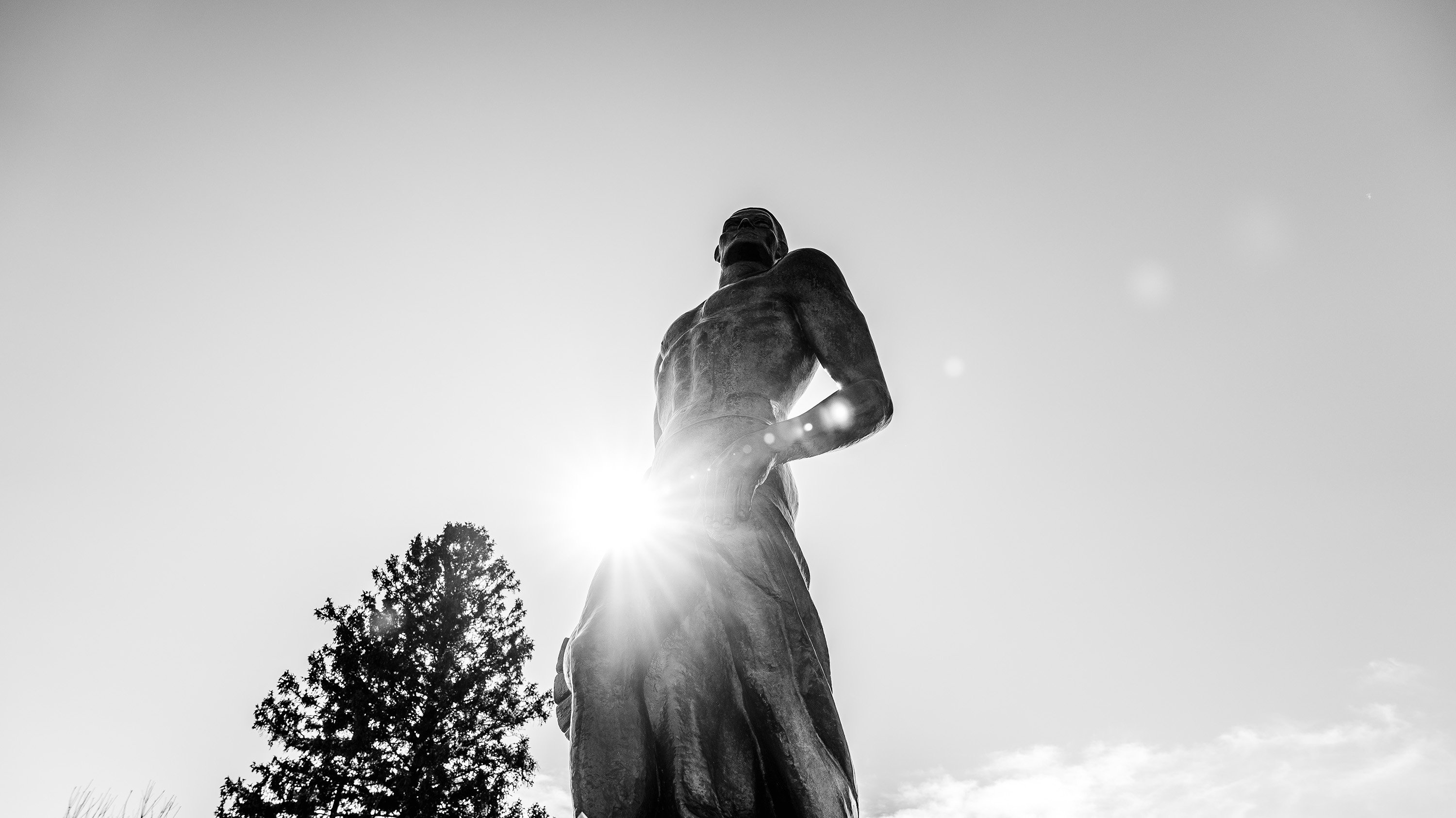 The Spartan Statue in black and white.