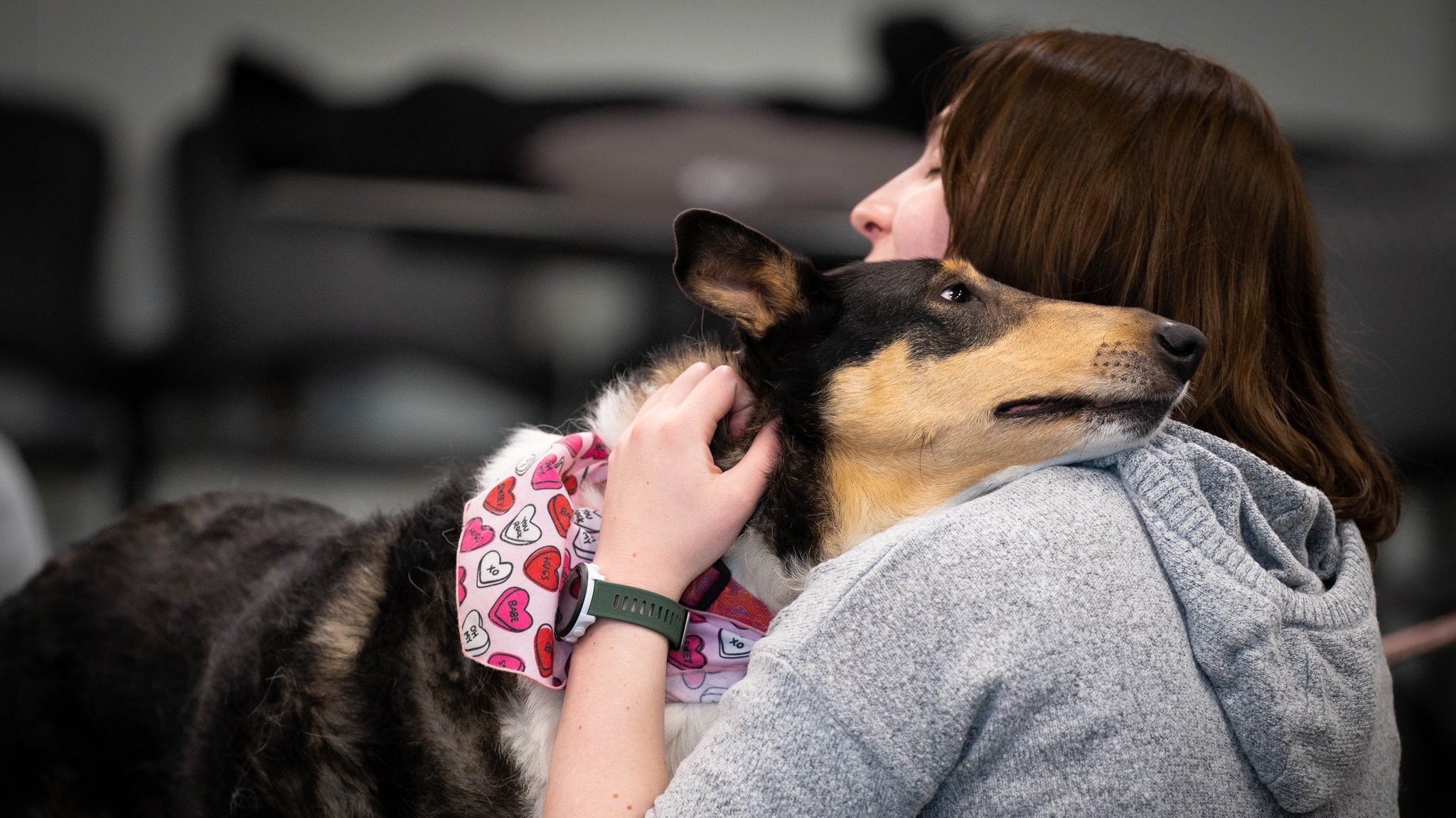 Student hugging therapy dog