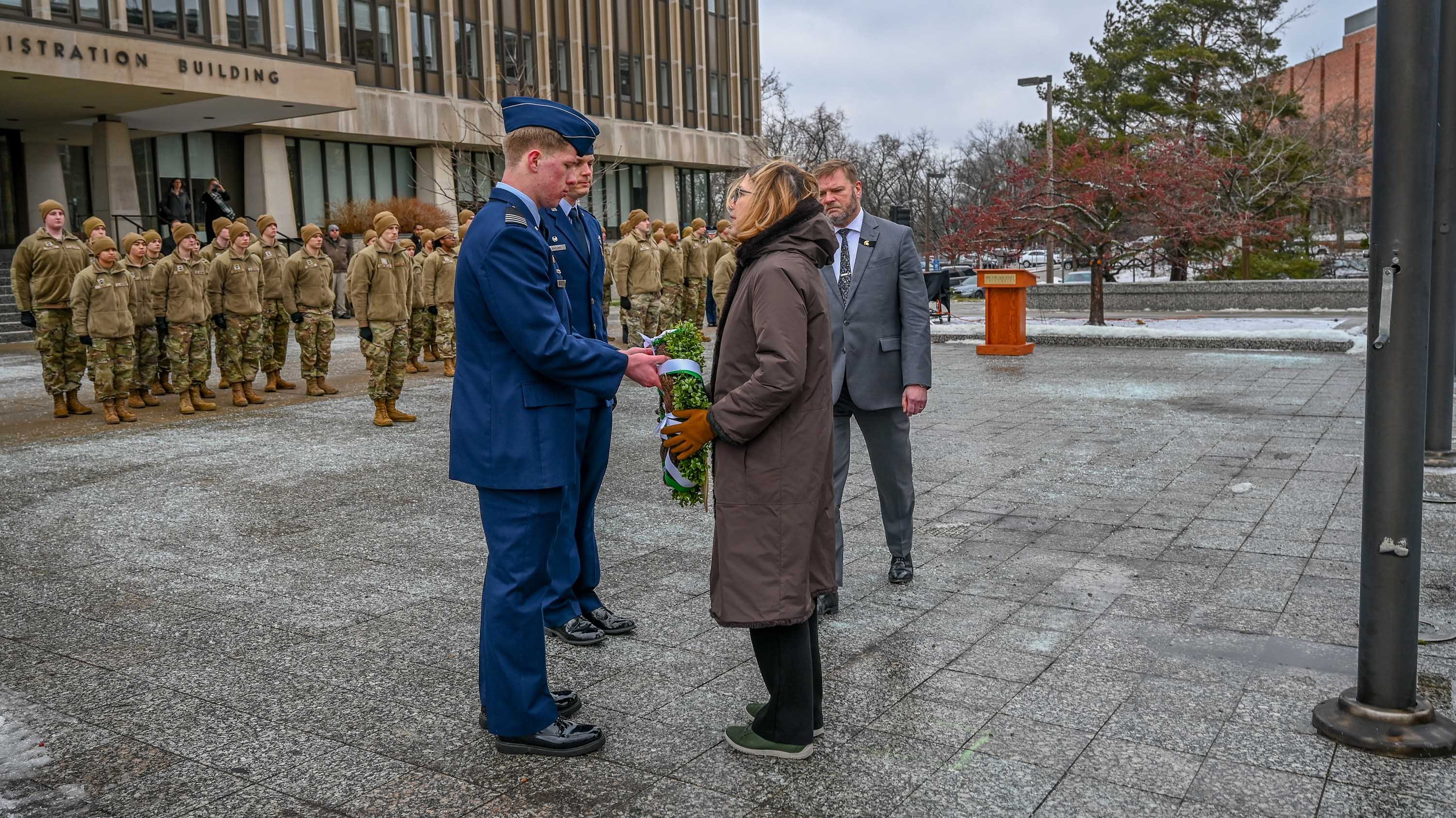 Interim President Woodruff and MSU ROTC at wreath-laying ceremony