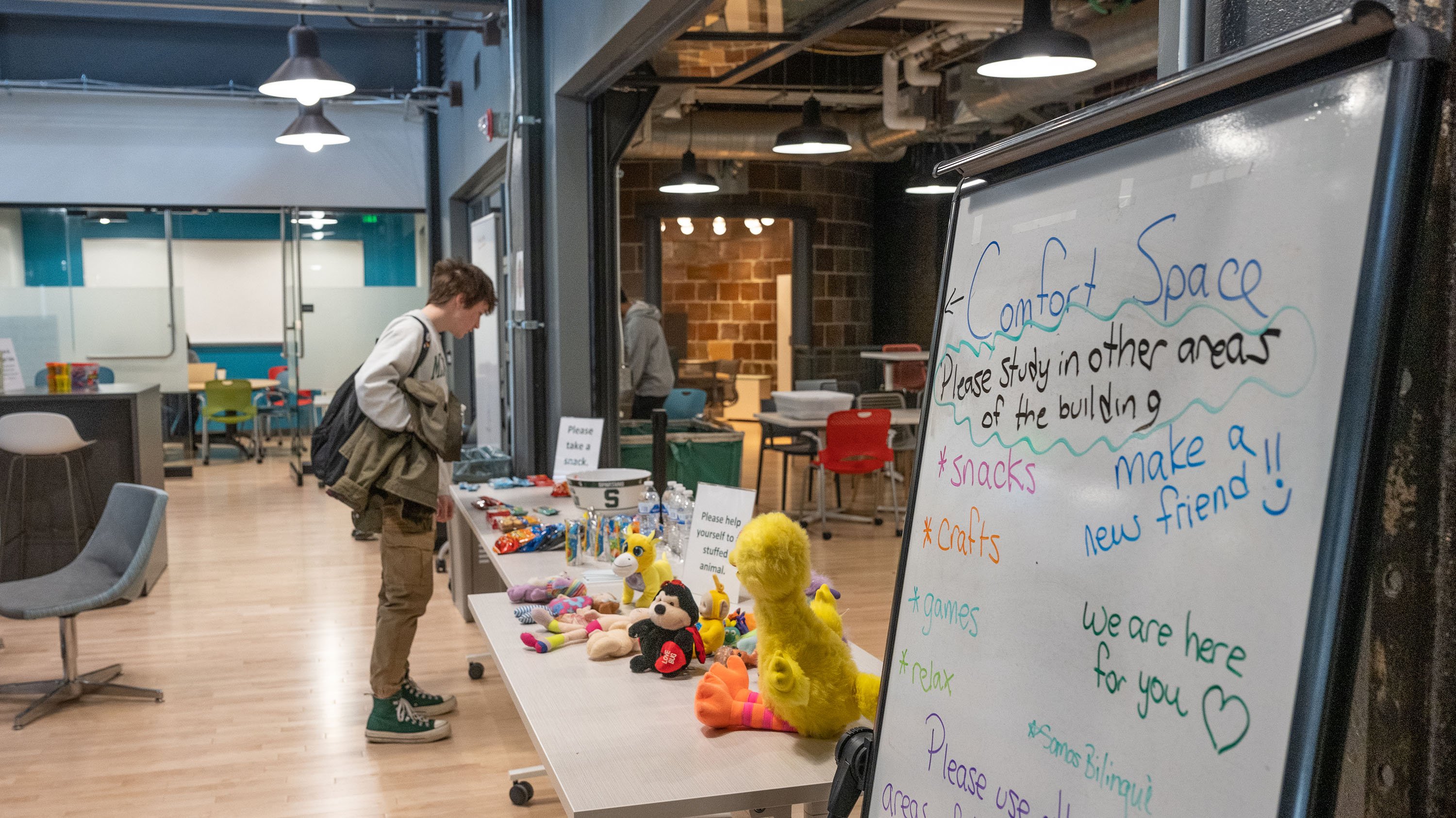 COMfort space with snacks and stuffed animals in STEM building