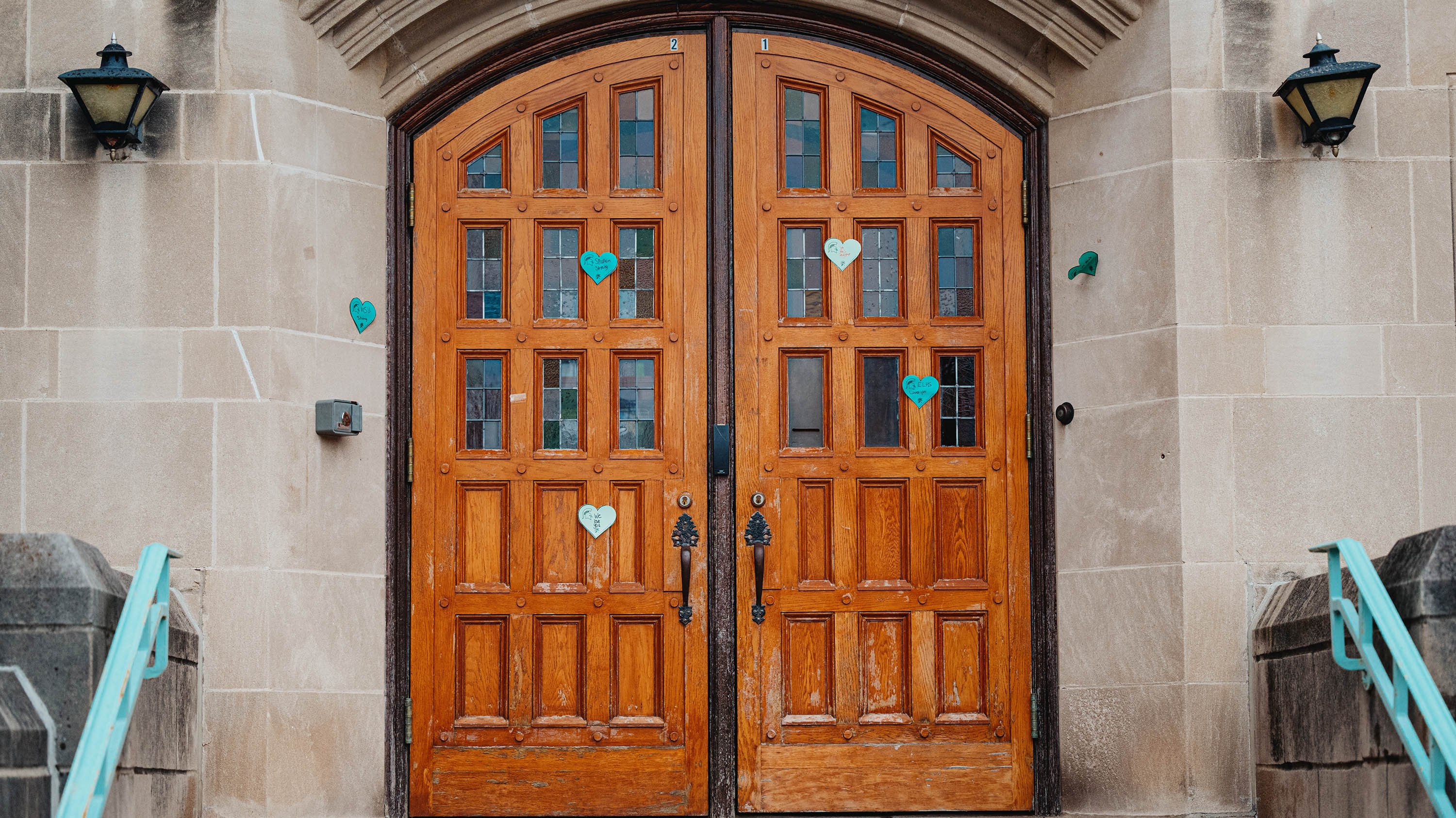 Heart-shaped notes on the entrance of Williams Hall