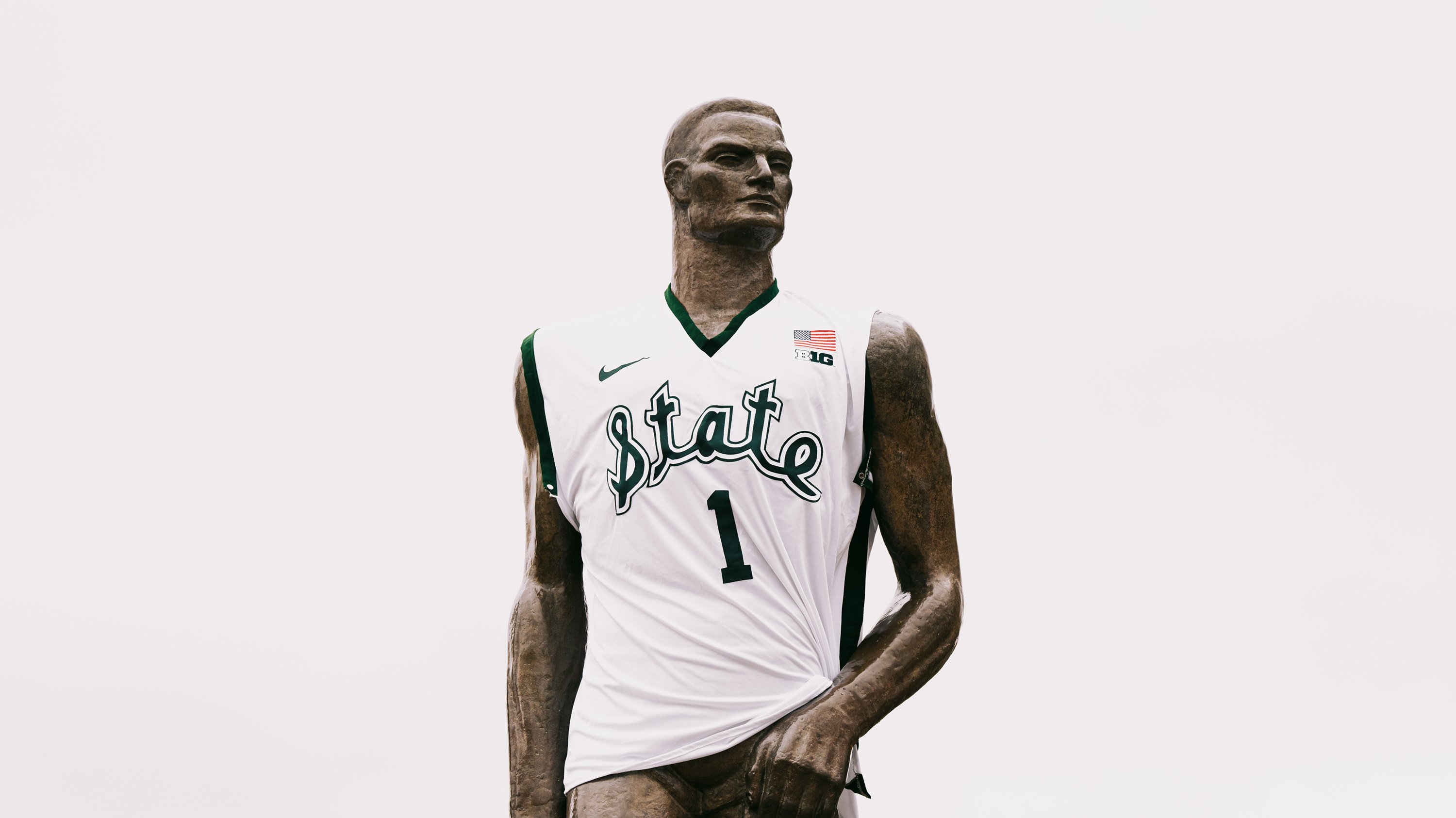 Spartan statue wearing basketball jersey