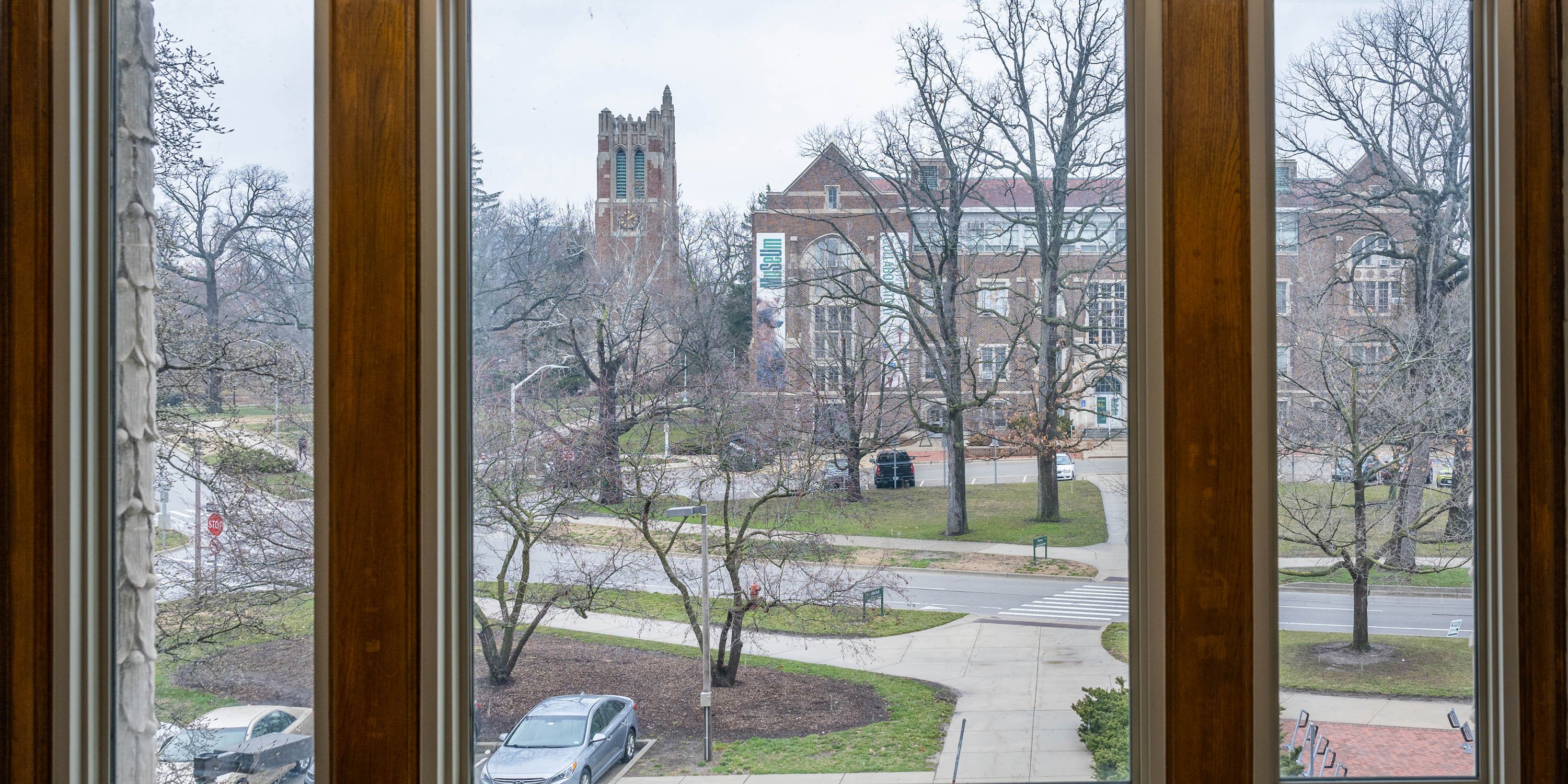Beaumont Tower and the MSU Museum on West Circle Drive, viewed from Olds Hall window
