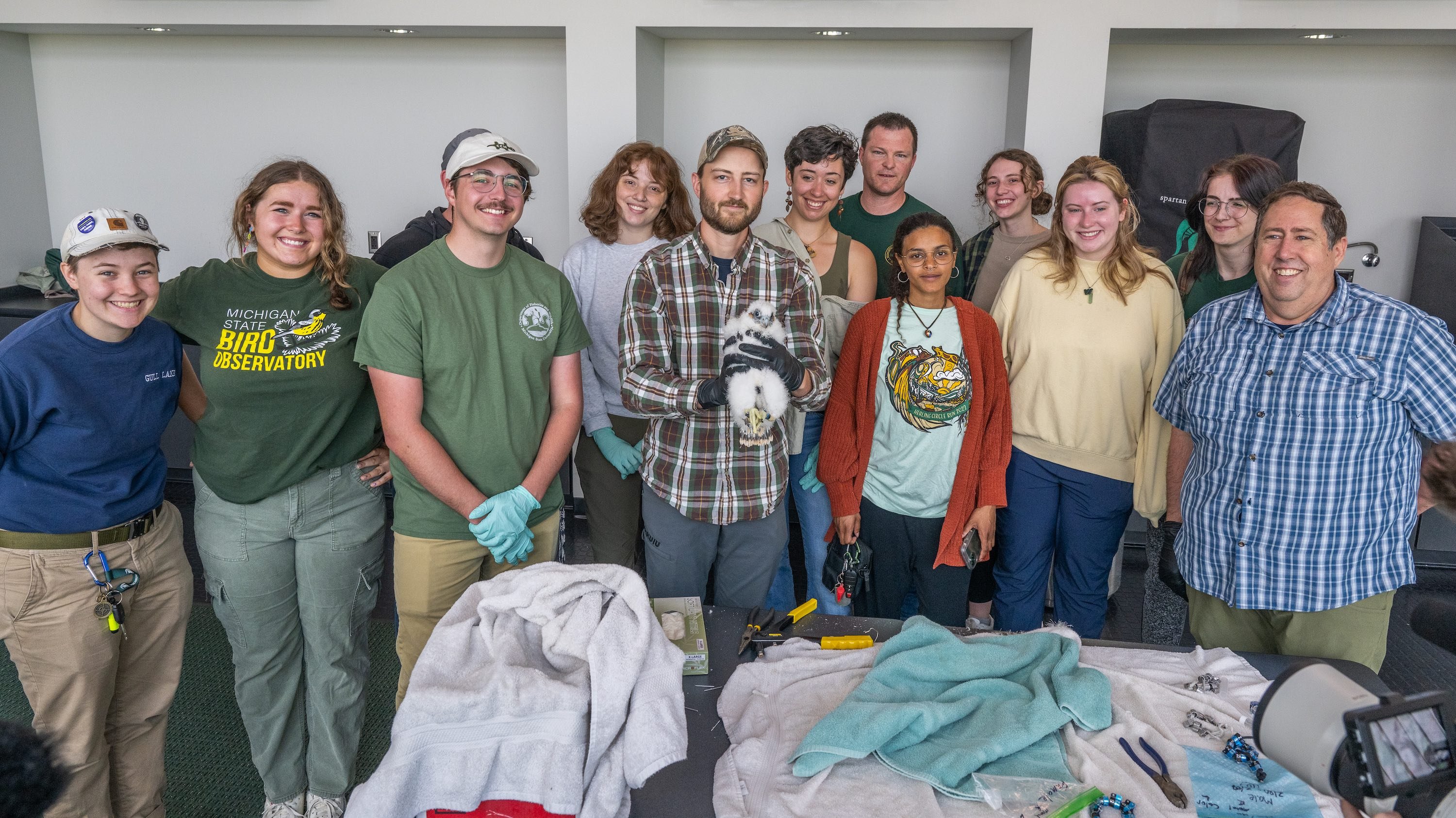 MSU Fisheries & Wildlife Club and DNR biologist Chad Fedewa banding Peregrine Falcon chicks at Spartan Stadium,