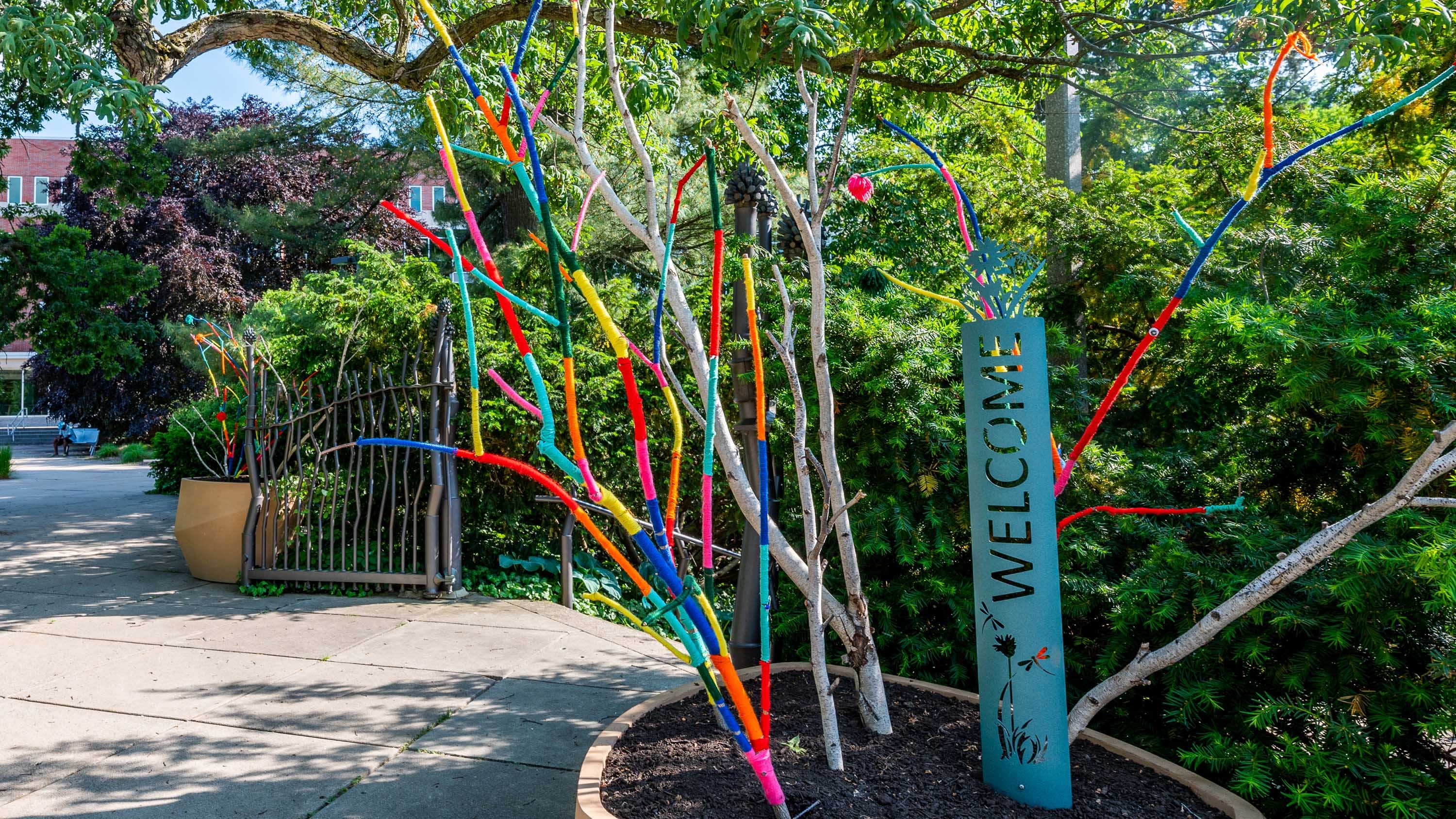 Yarn-wrapped branches in a pot near the entrance of Beal Botanical Garden