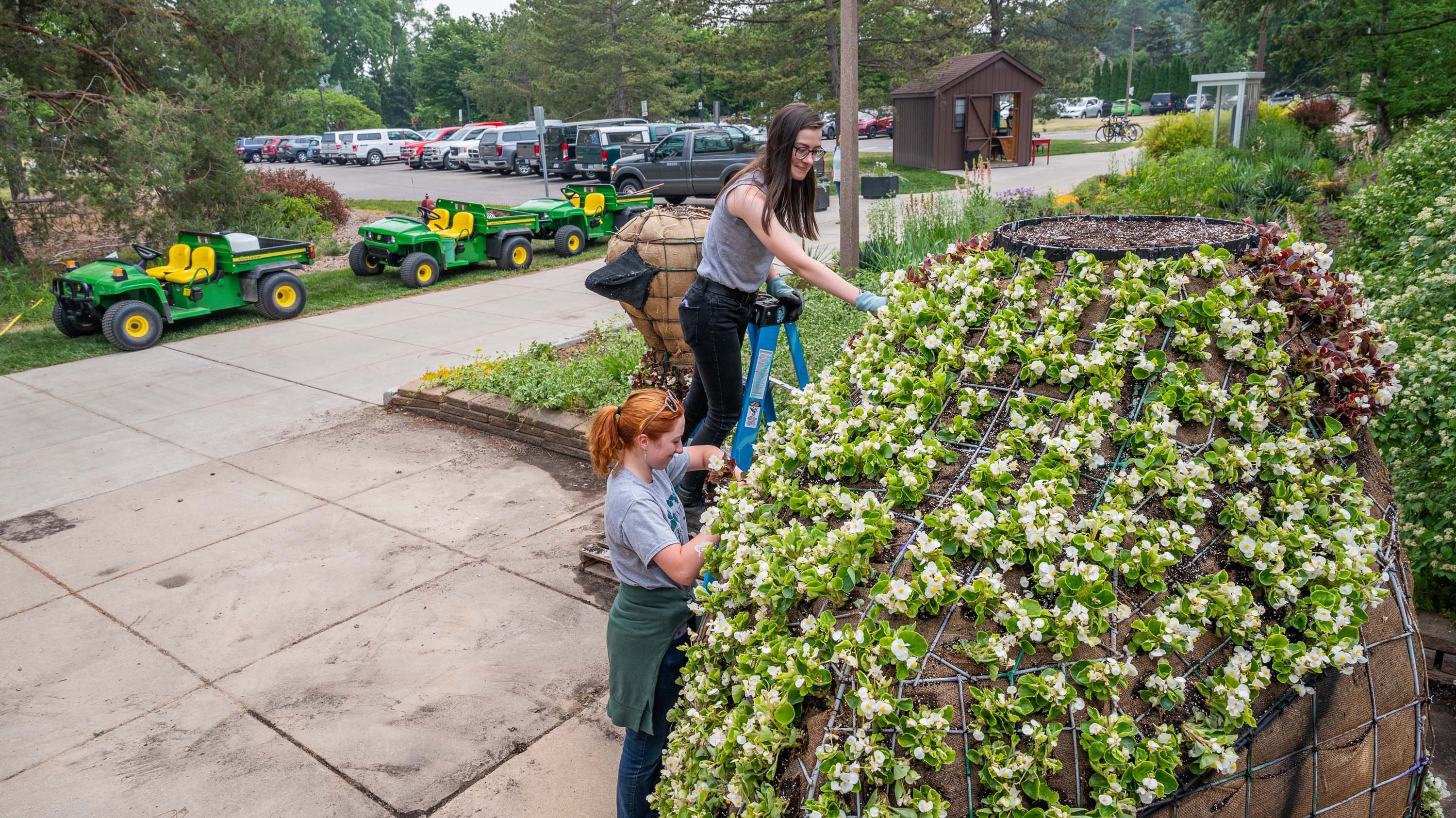 Students prepares Wilbir, the large floral peacock, by planting flowers in its body