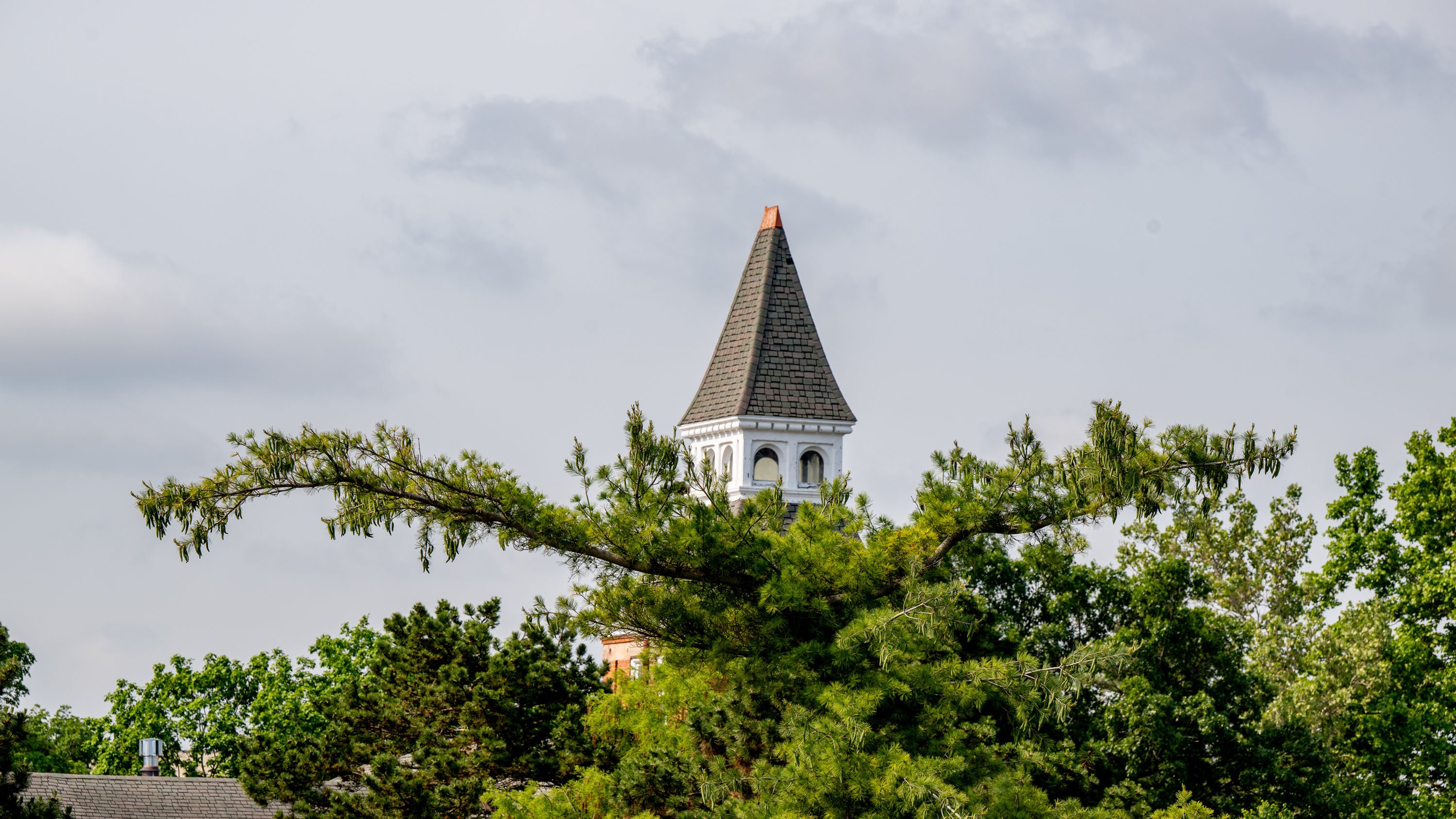Spire of Linton Hall over green trees