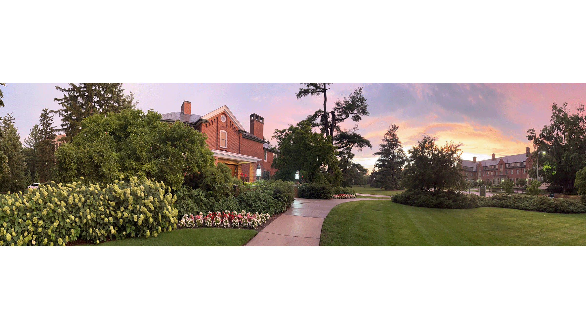 Panorama of Cowles House and campus at sunset