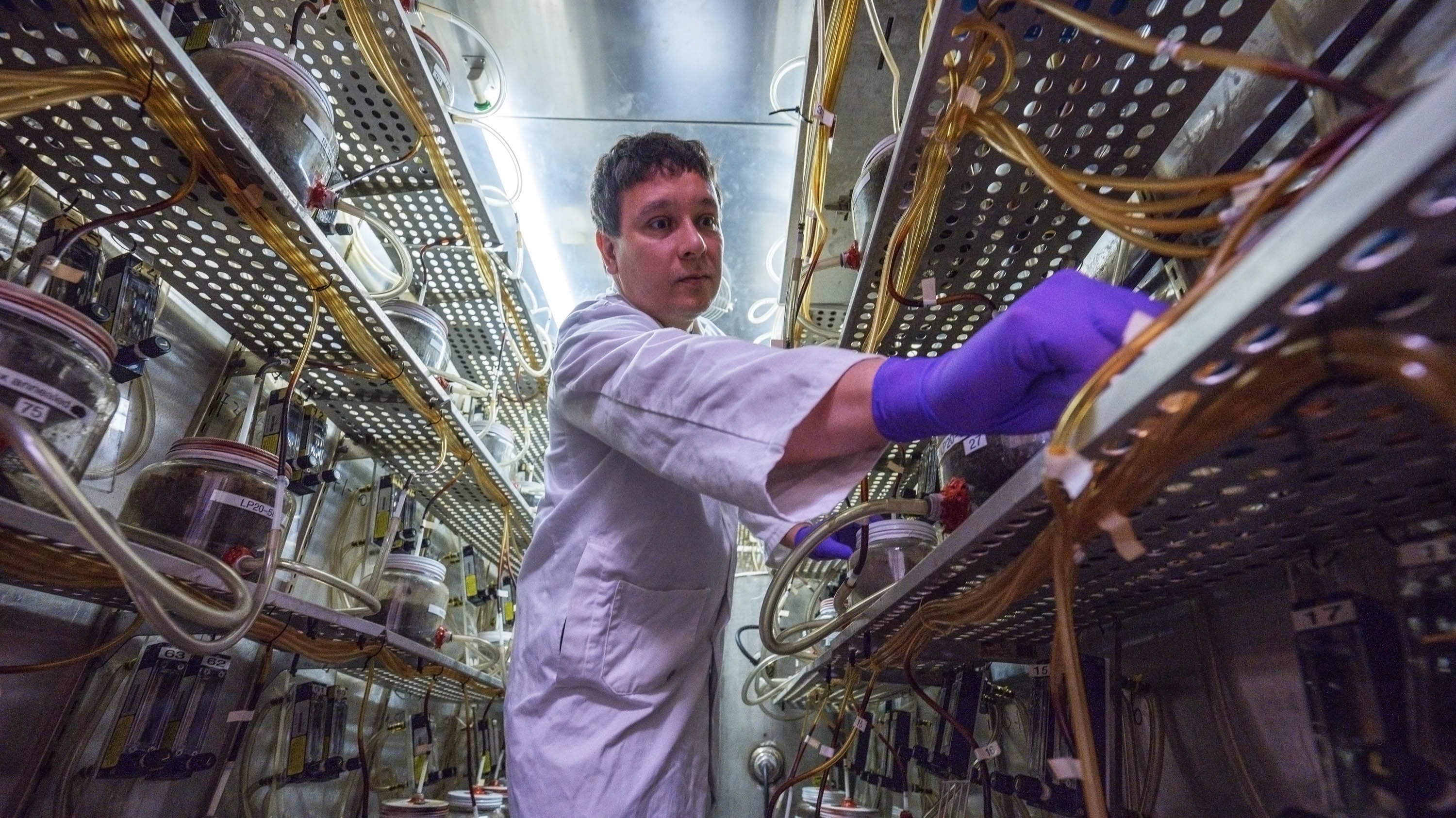 Anibal Bher reaching to check a sample in a lab