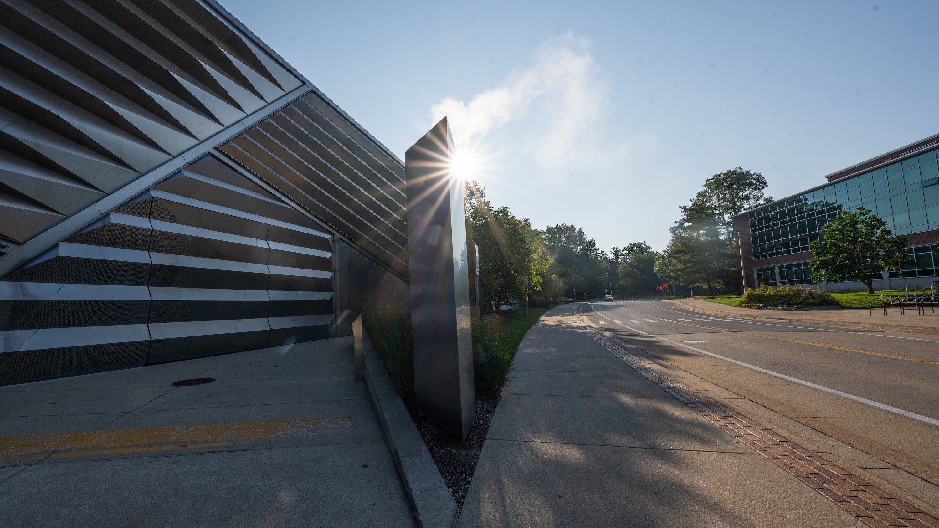 Sunshine sparkles on the angles of the MSU Broad Art Museum