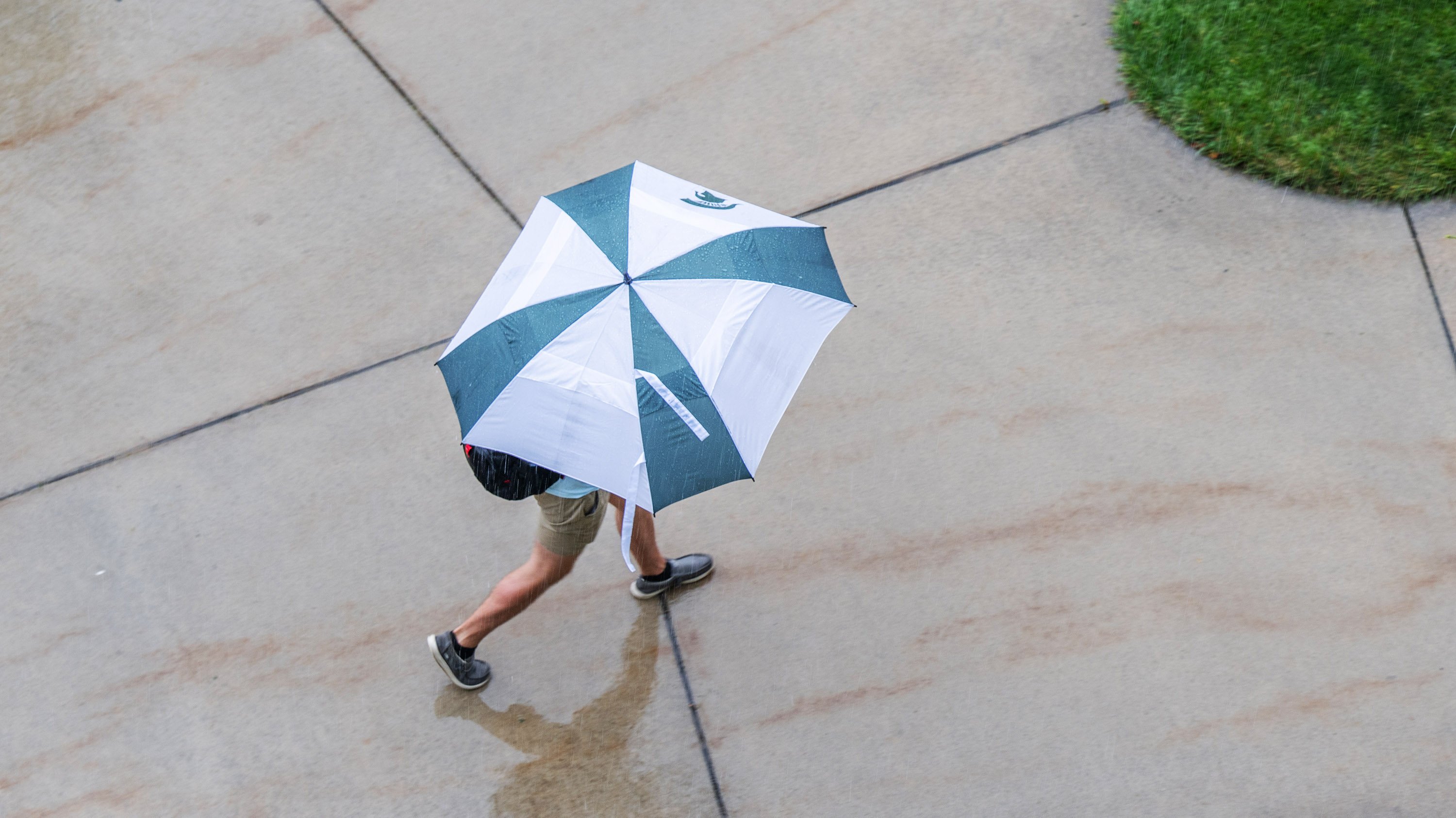 Birds-eye view of person walking with green and white umbrella