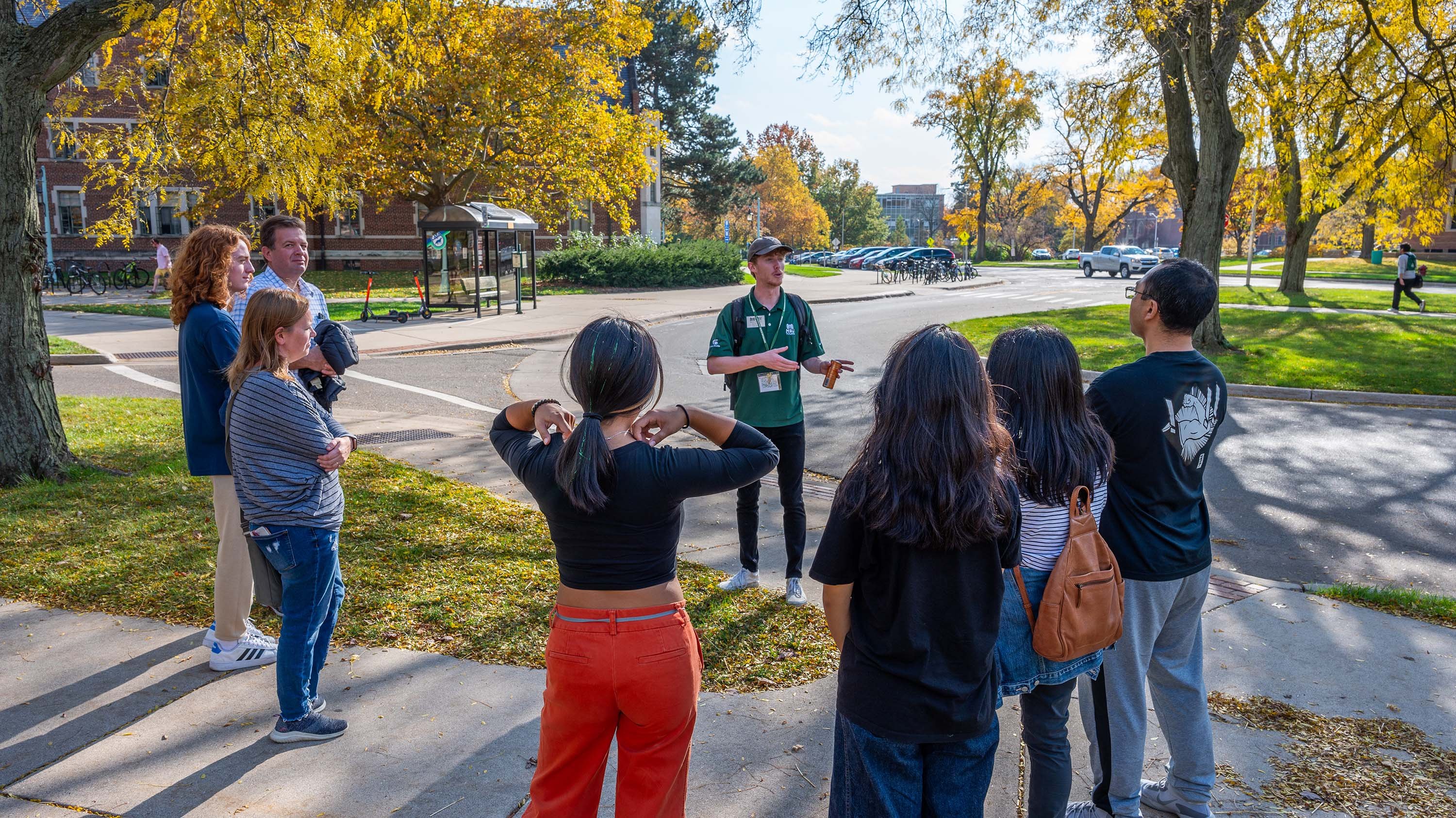 Prospective families on a campus tour in fall