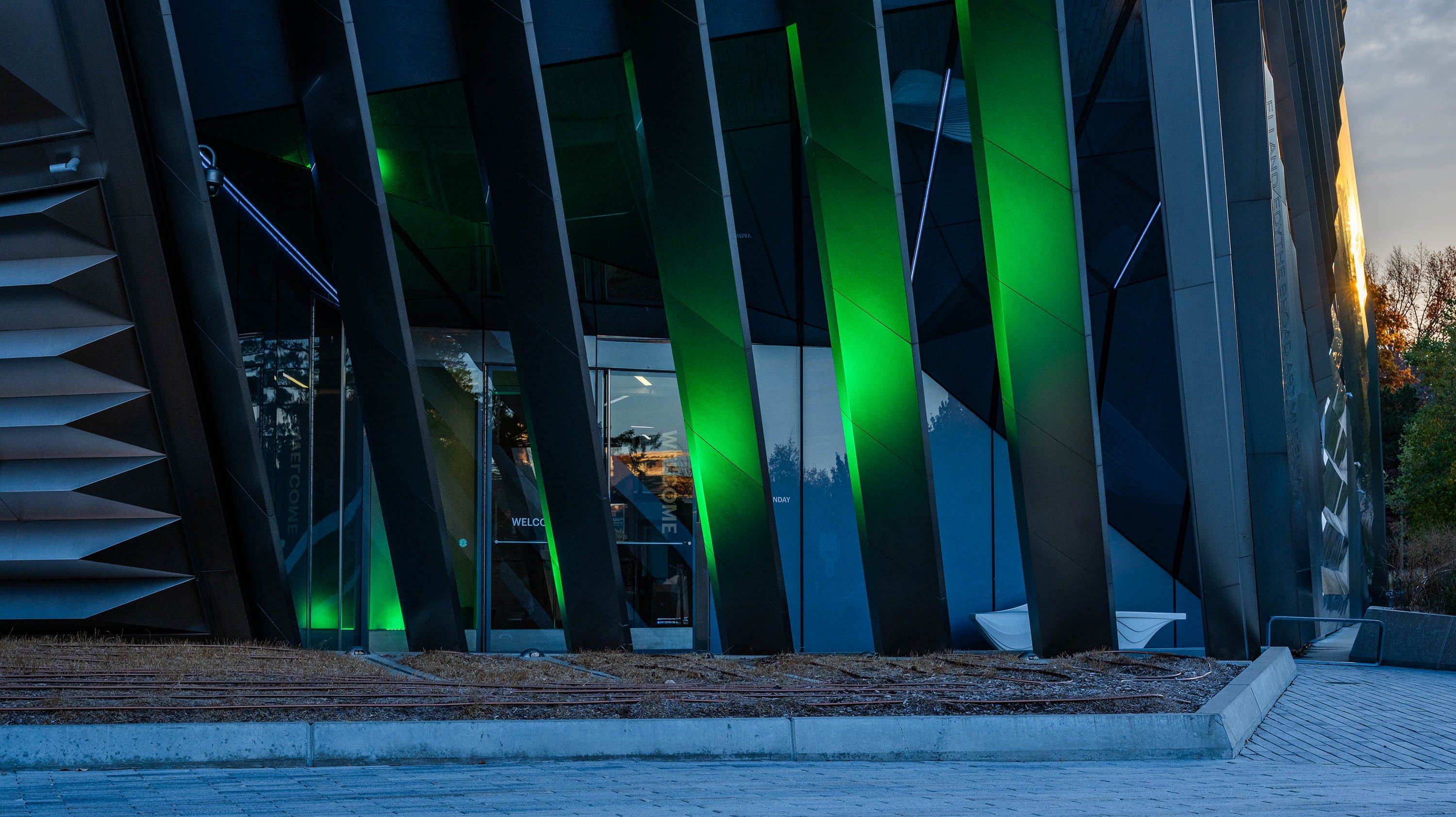 Entrance to MSU Broad Museum at night