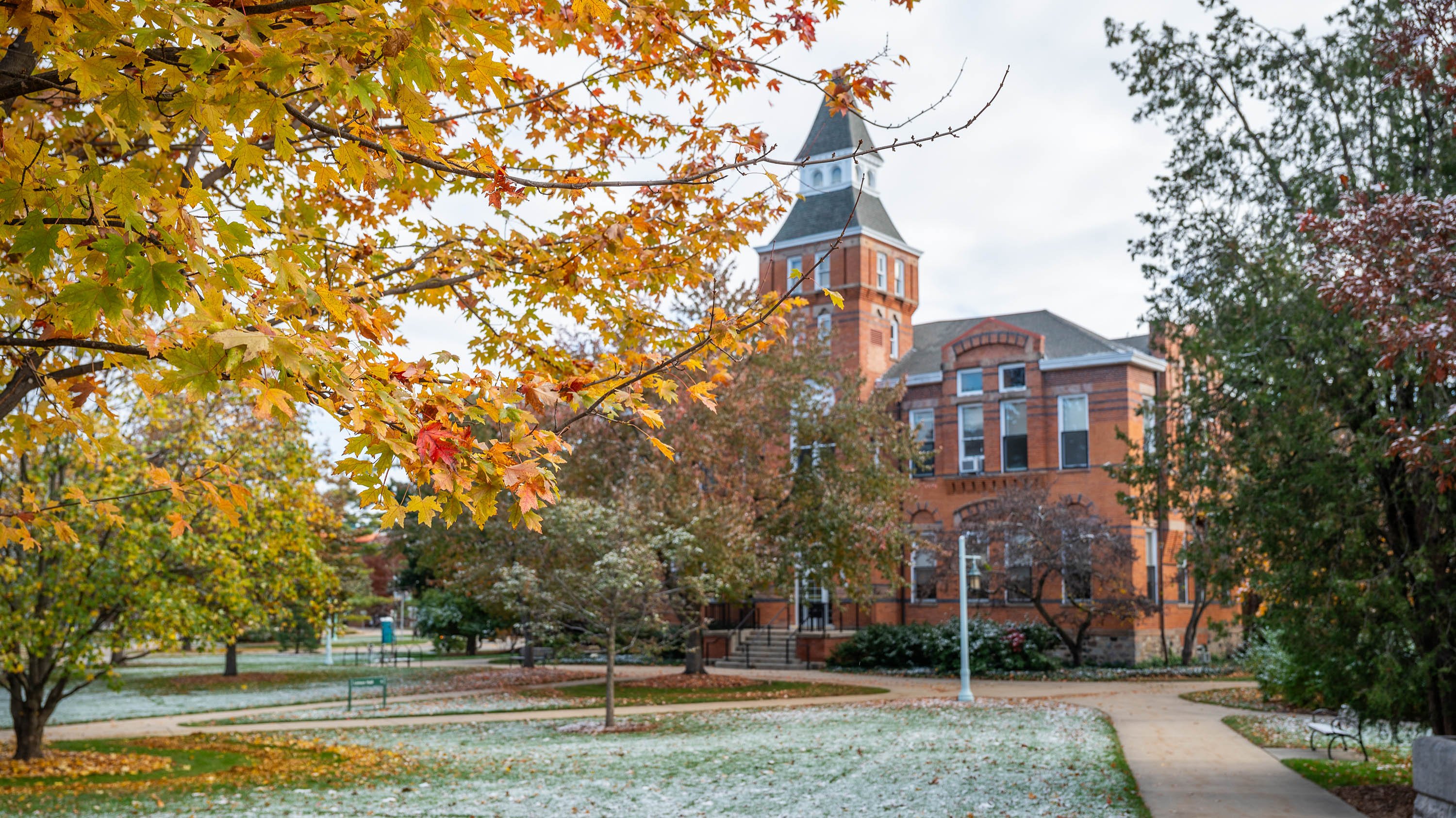 Snow and leaves near Linton Hall