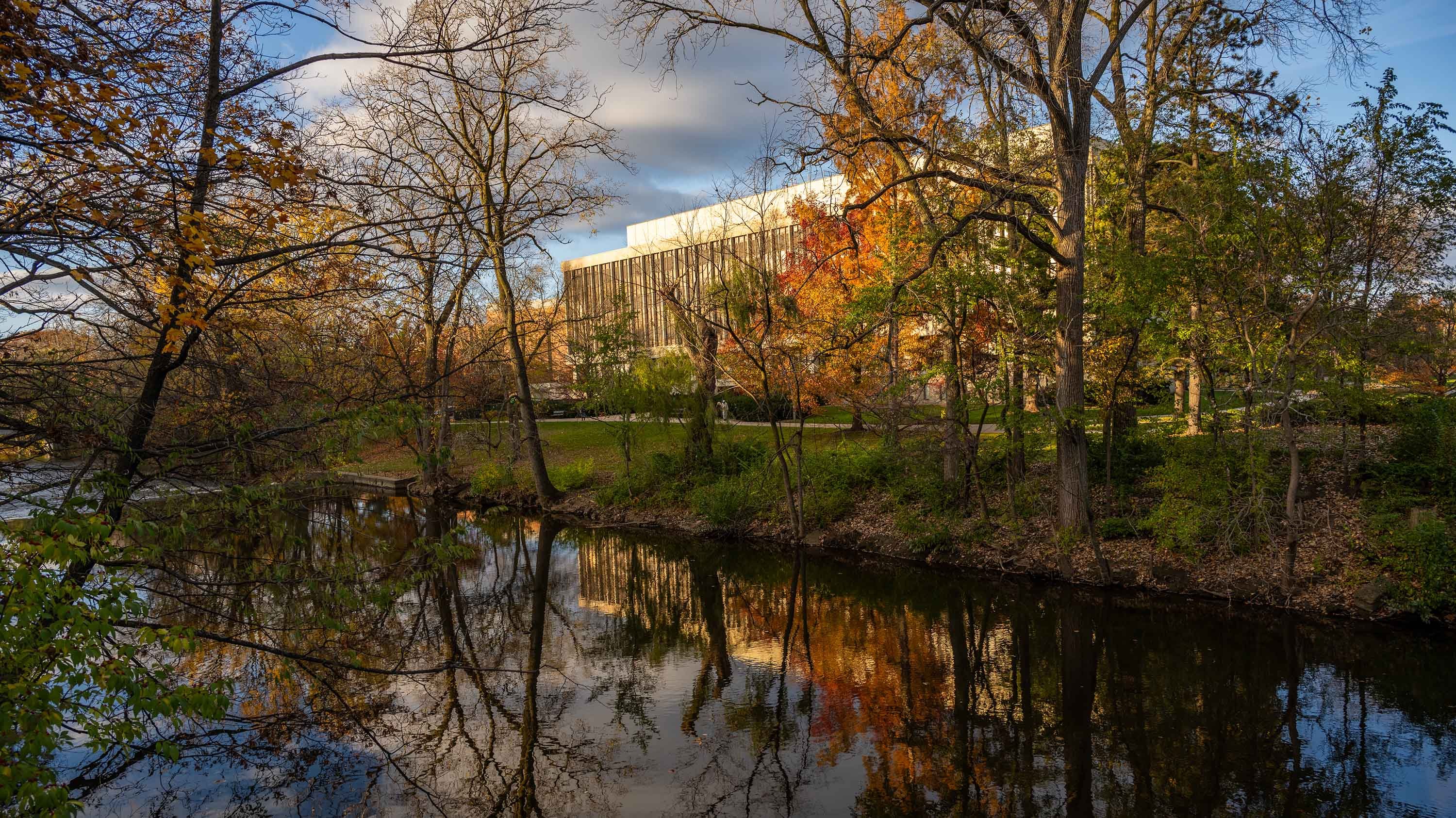 Hannah Administration building across Red Cedar River