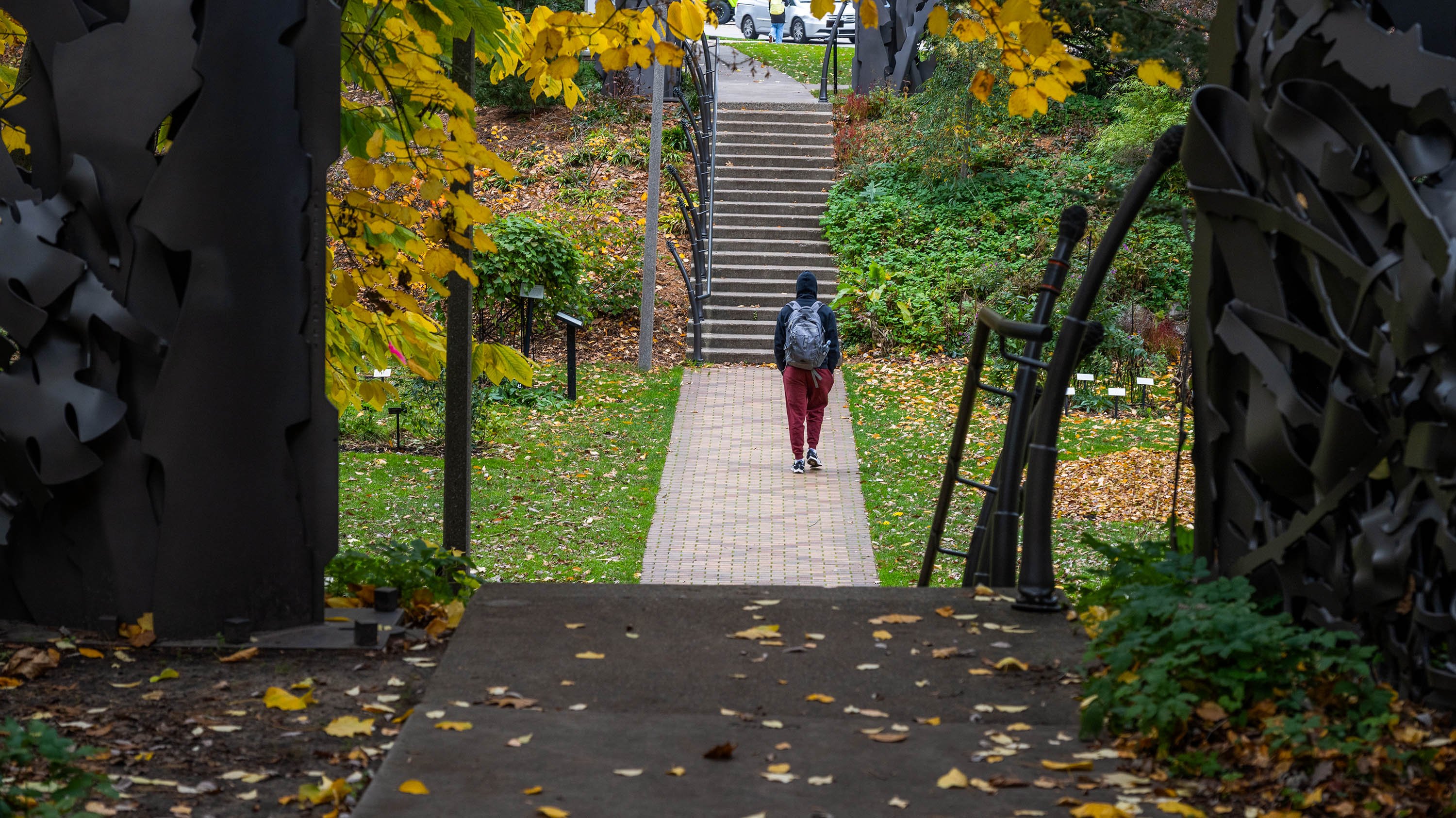 Student walking in Beal Garden
