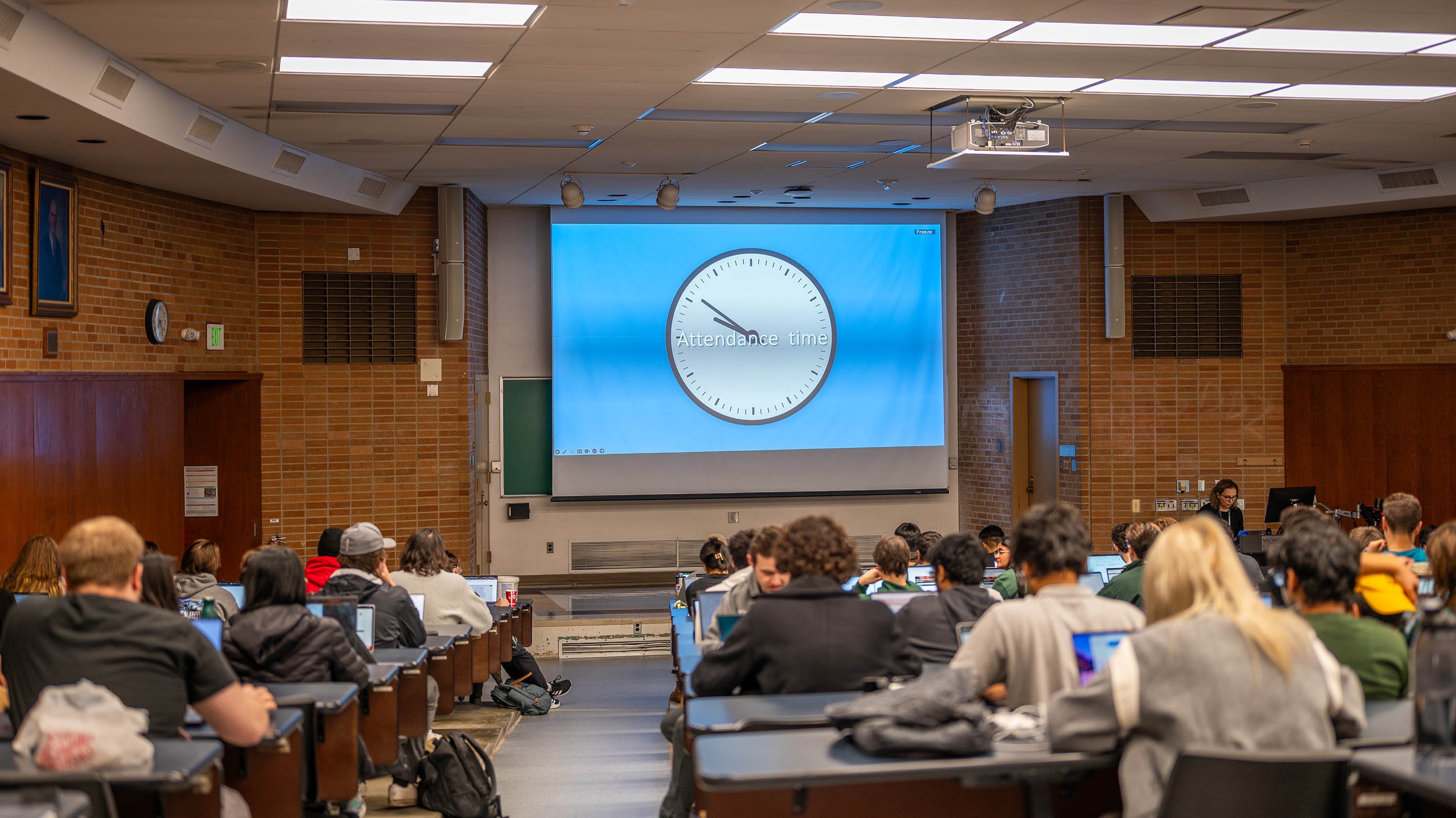 Engineering class taking attendance in lecture hall