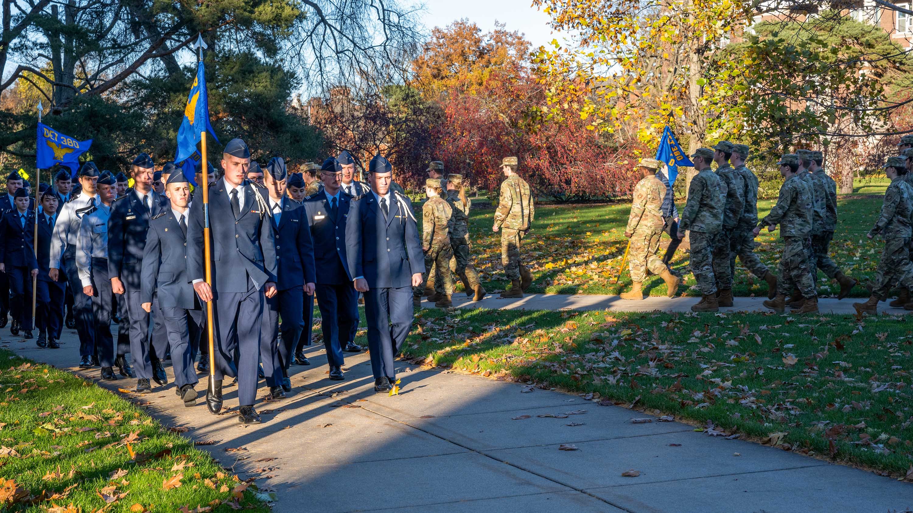 ROTC members marching during Veteran's Day ceremony