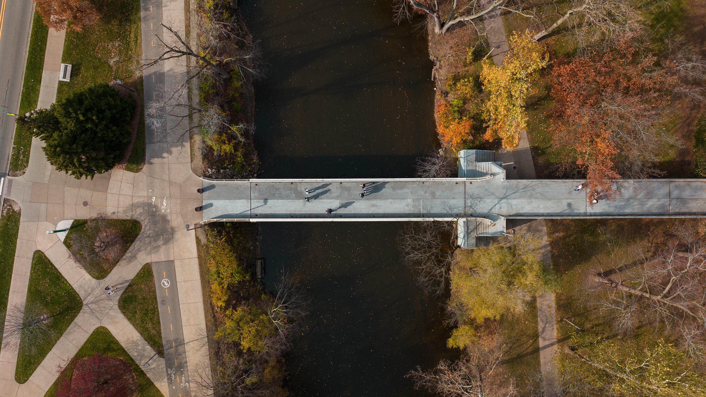Overhead image of Red Cedar River and MSU Library bridge in autumn