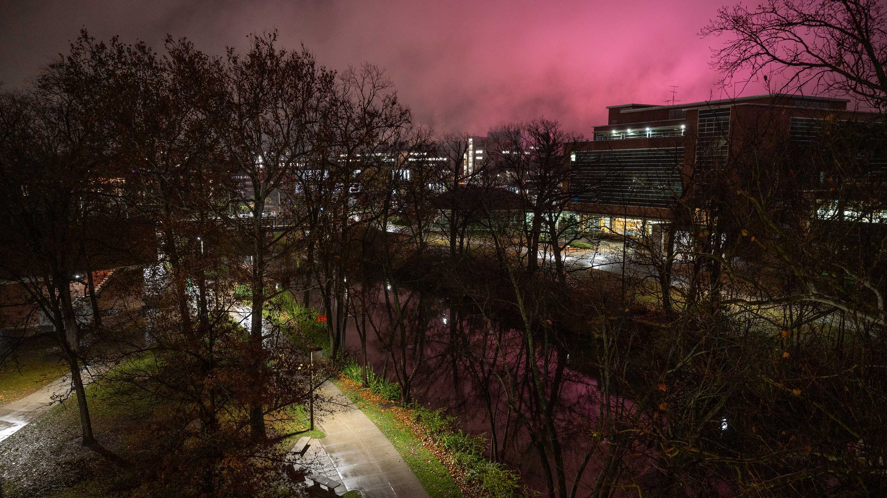 Pink lights glowing above Erickson Hall
