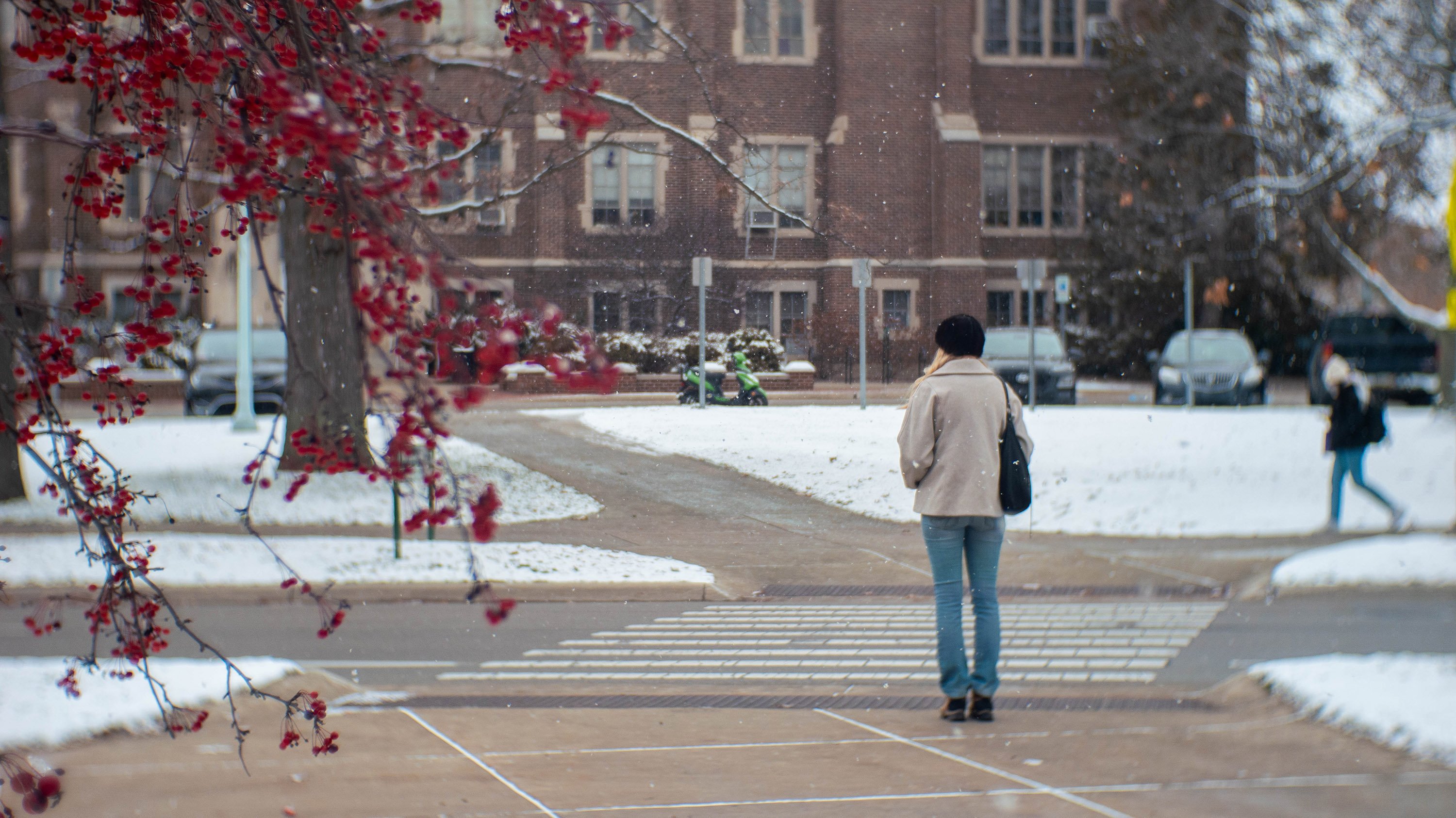 Student standing in front of crosswalk on winter day