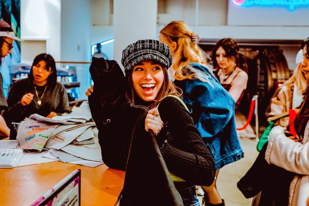 Kate Blaszkiewicz during the visit to Champion, where students learned about the Champion clothing line and how it is merchandised.